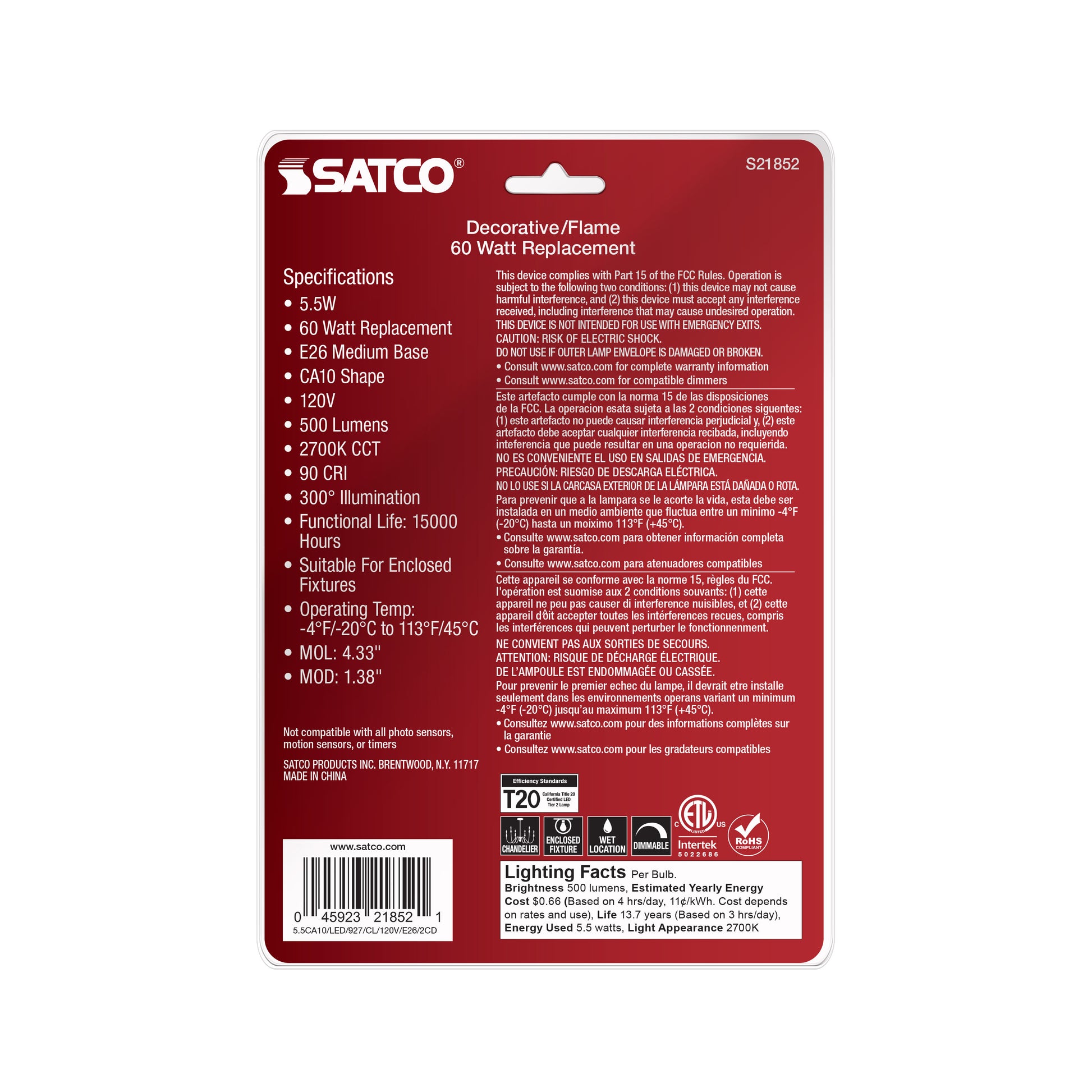 image of 5.5 Watt CA10 LED - Clear - Medium Base - 2700K - 500 Lumens - 120 Volt - 2-Card