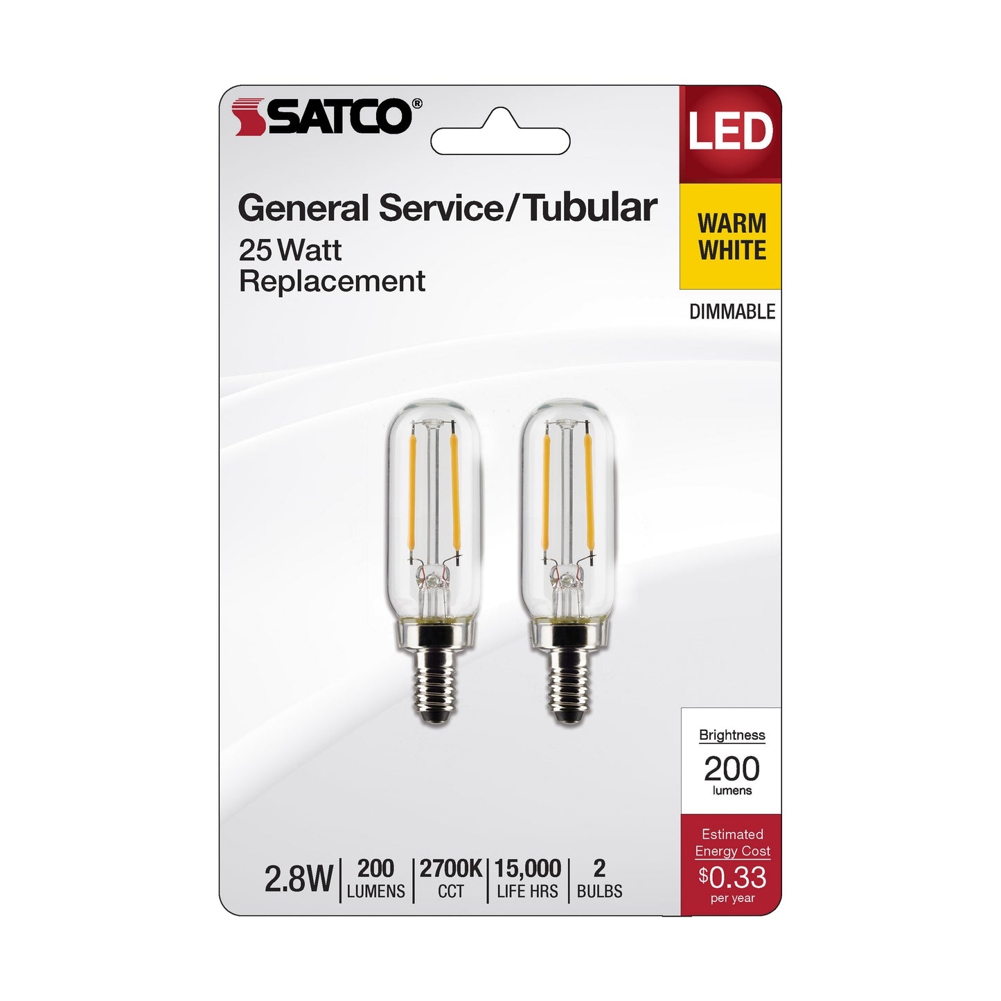 image of 2.8 Watt T6 LED - Clear - Candelabra Base - 2700K - 200 Lumens - 120 Volt - 2-Pack