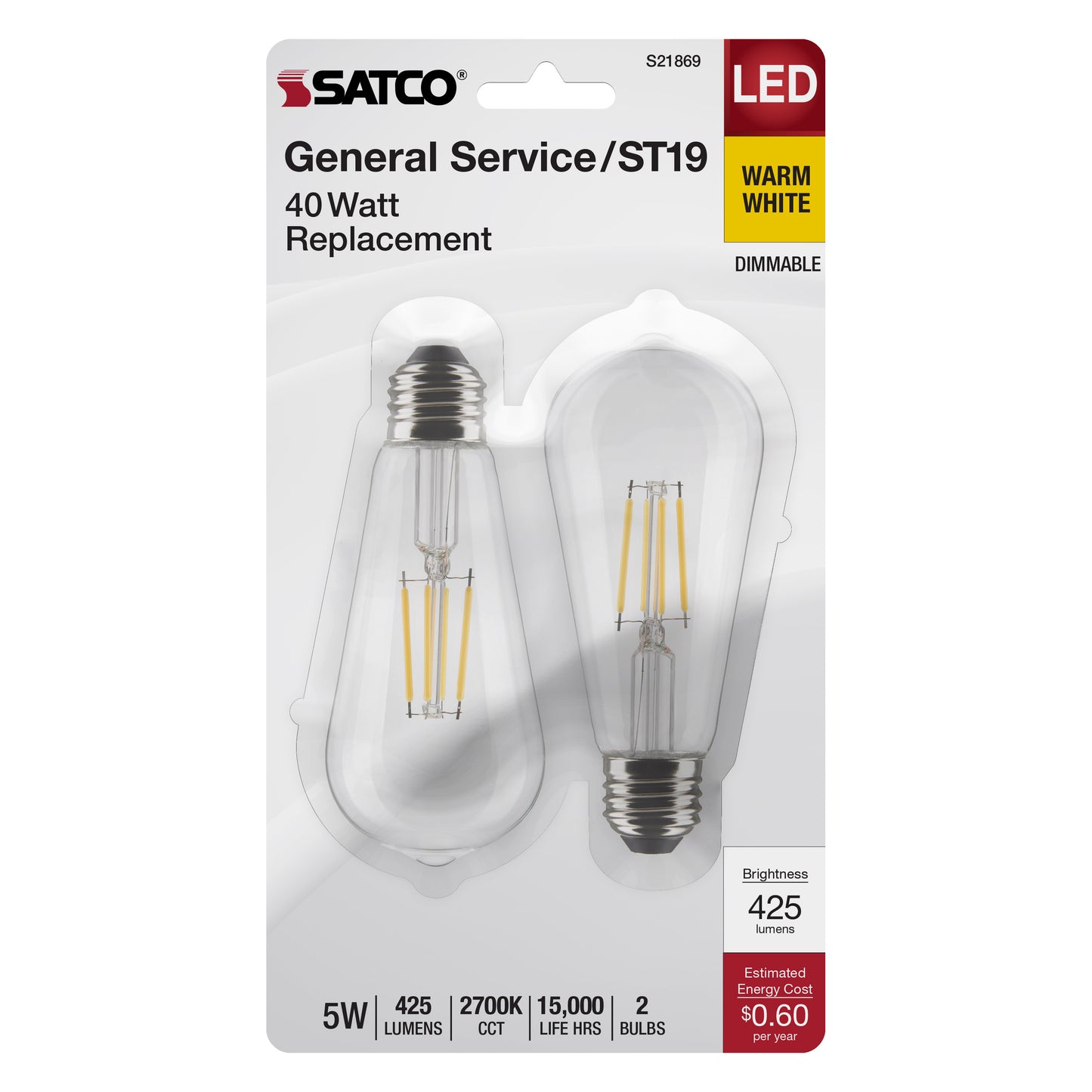 image of 5 Watt ST19 LED - Clear - Medium Base - 2700K - 425 Lumens - 2-Pack