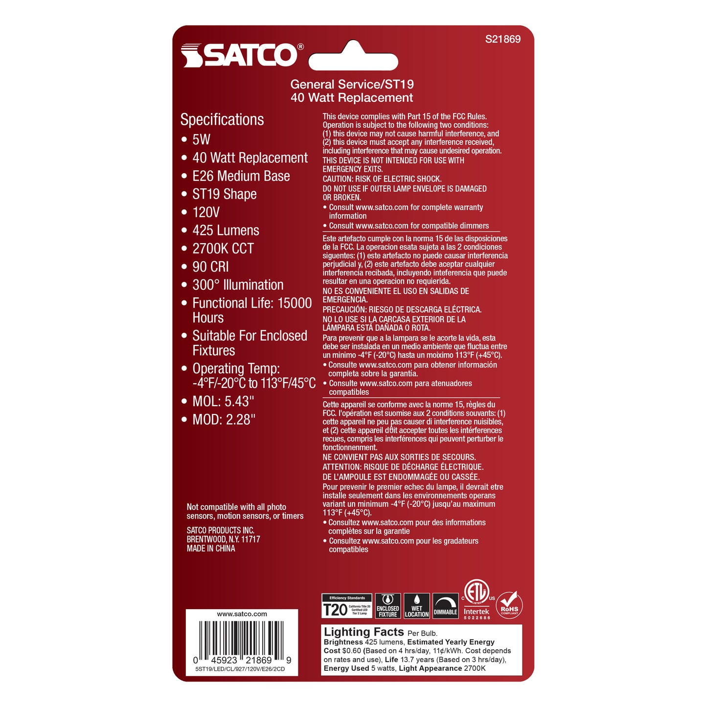 image of 5 Watt ST19 LED - Clear - Medium Base - 2700K - 425 Lumens - 2-Pack