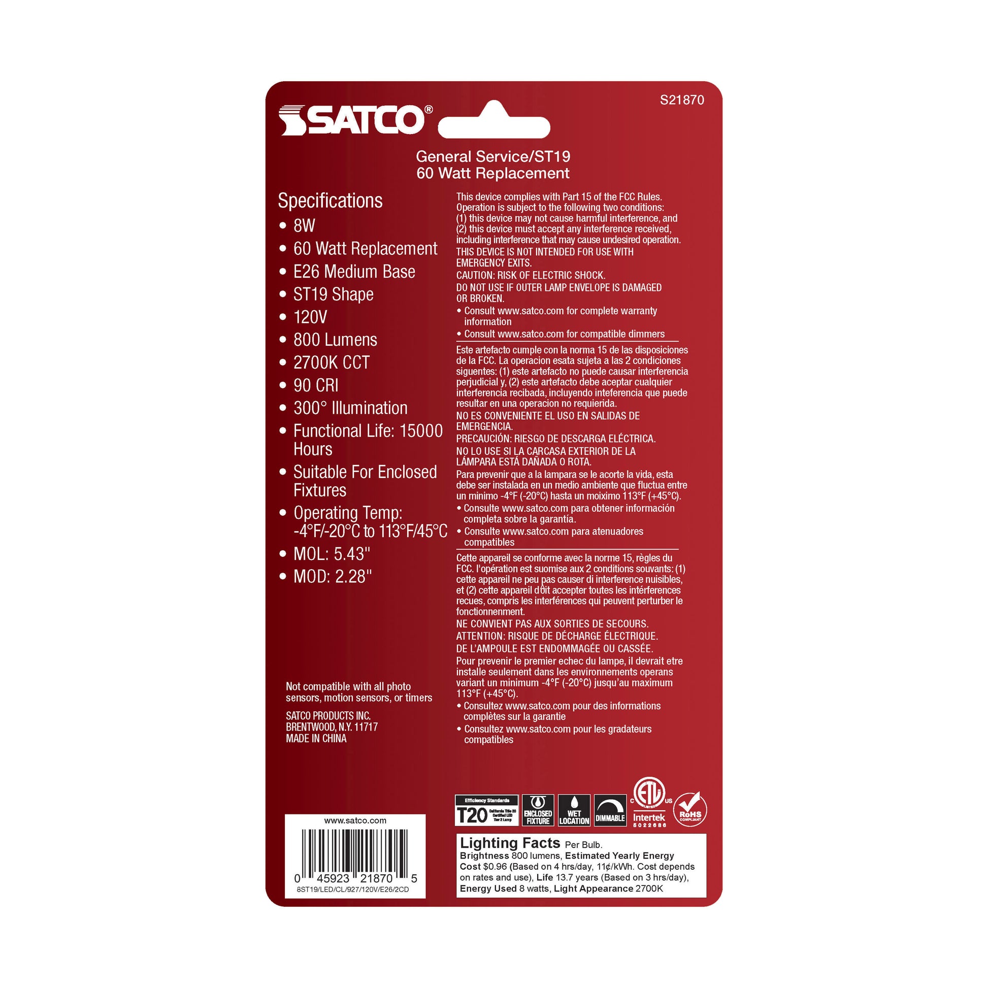 image of 8 Watt ST19 LED - Clear: Medium Base - 2700K - 800 Lumens - 2-Pack