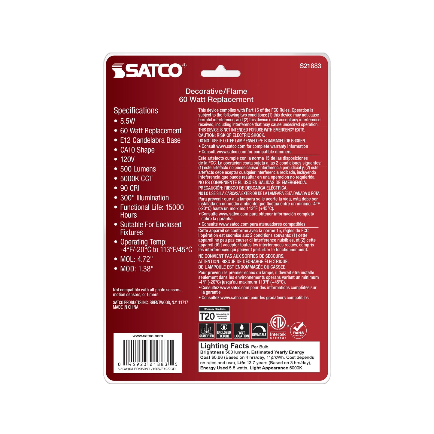 image of 5.5 Watt CA10 LED - Clear - Candelabra Base - 5000K - 120 Volt - 2-Card