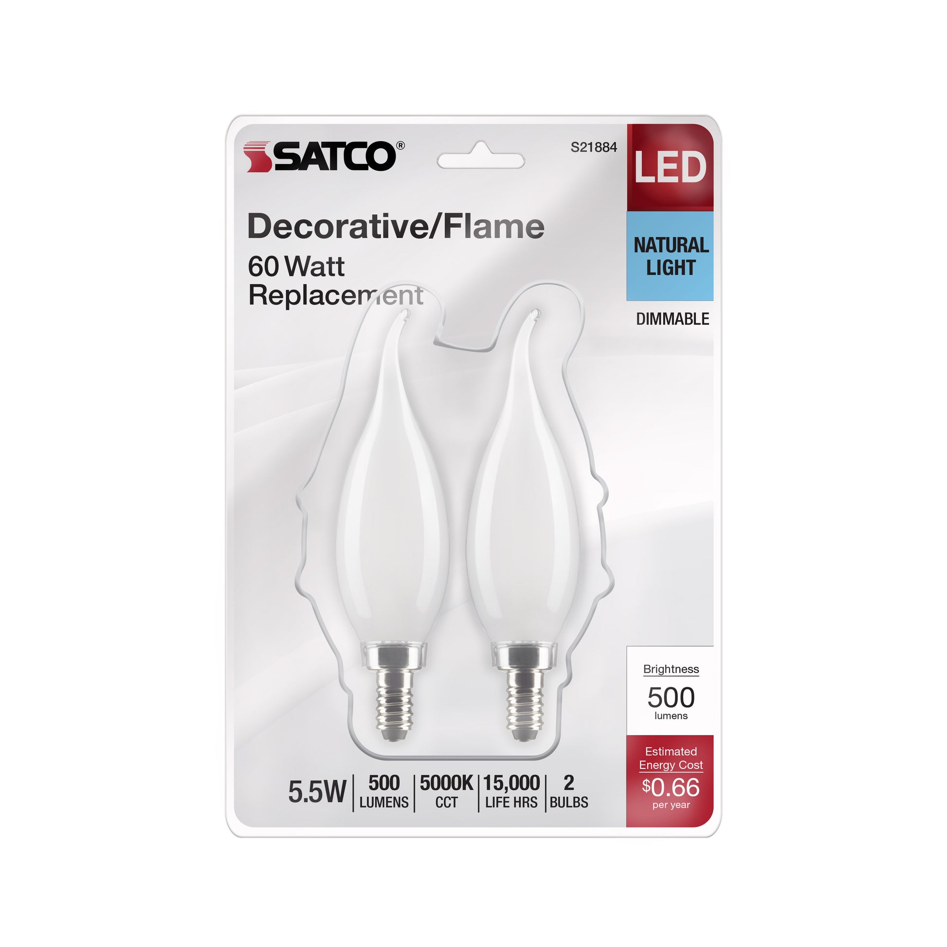 image of 5.5 Watt CA10 LED - Frost Finish - Candelabra Base - 5000K - 120 Volt - 2-Card