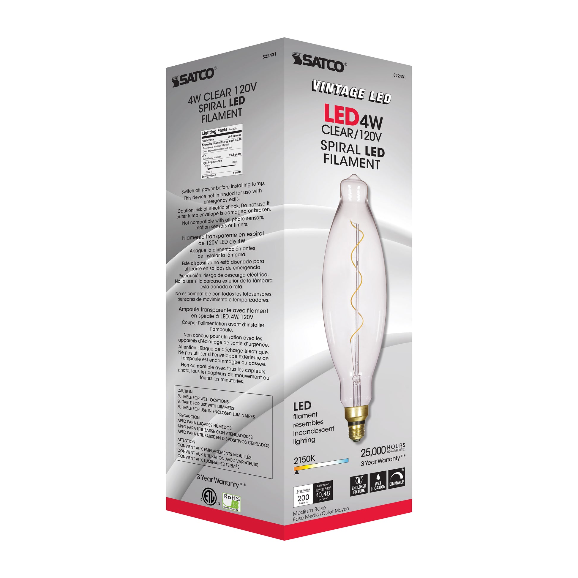 image of 4 Watt BT38 LED vintage style - Clear - 25000 Average rated hours - Medium Base - 120 Volt