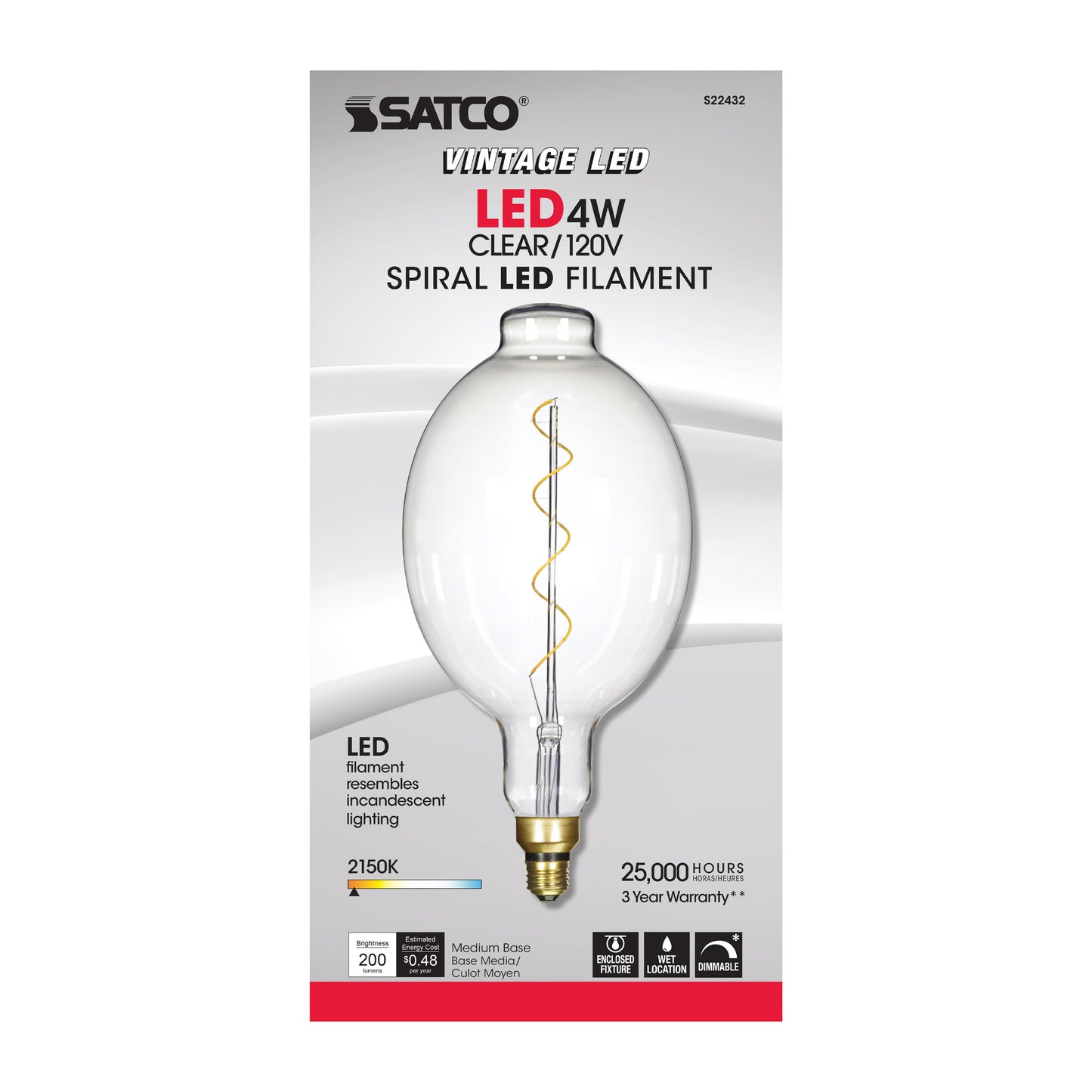 image of 4 Watt BT56 LED vintage style - Clear - 25000 Average rated hours - Medium Base - 120 Volt