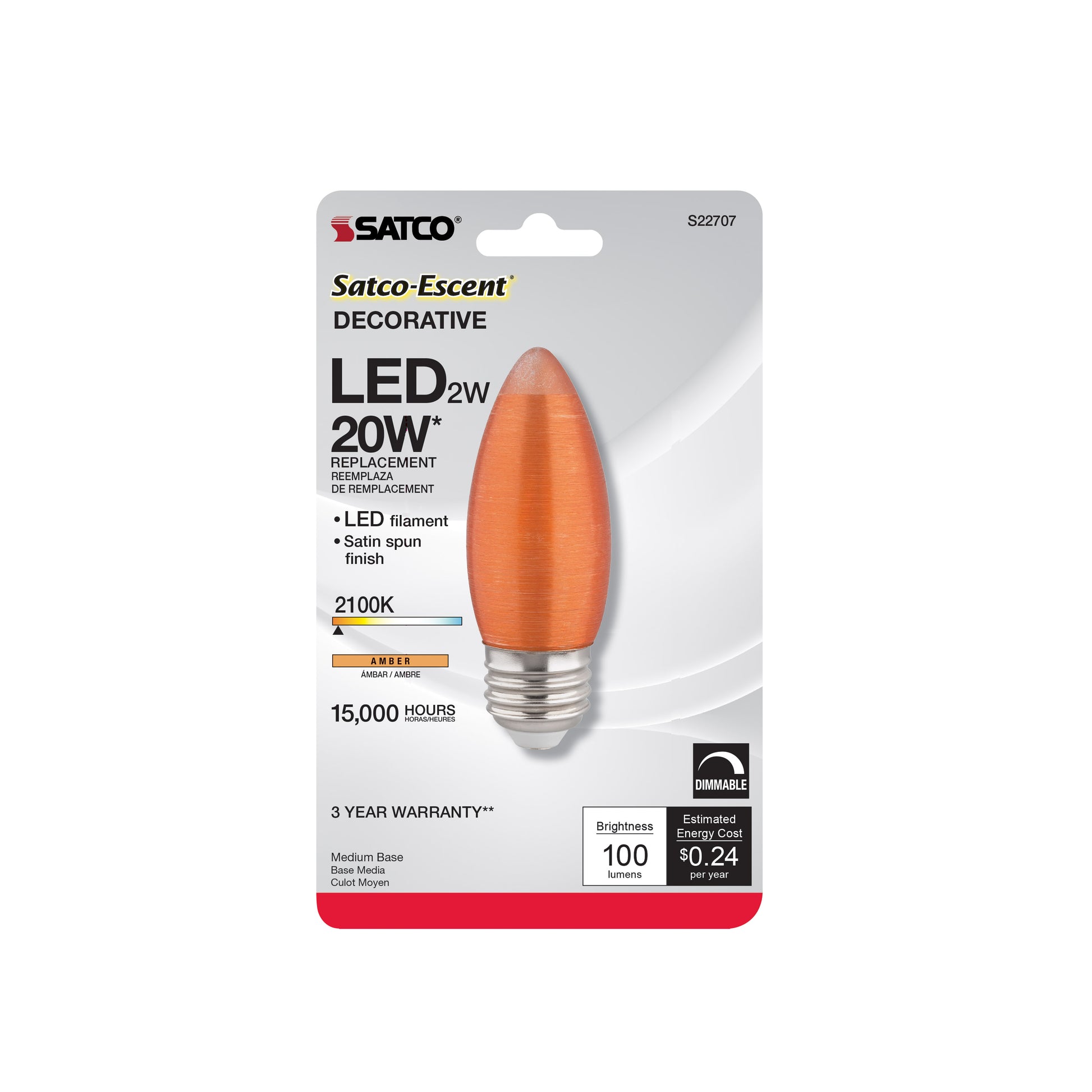 image of 2 Watt C11 LED - Satin Spun - Amber - Medium base - 2100K - 100 Lumens - 120 Volt - Carded