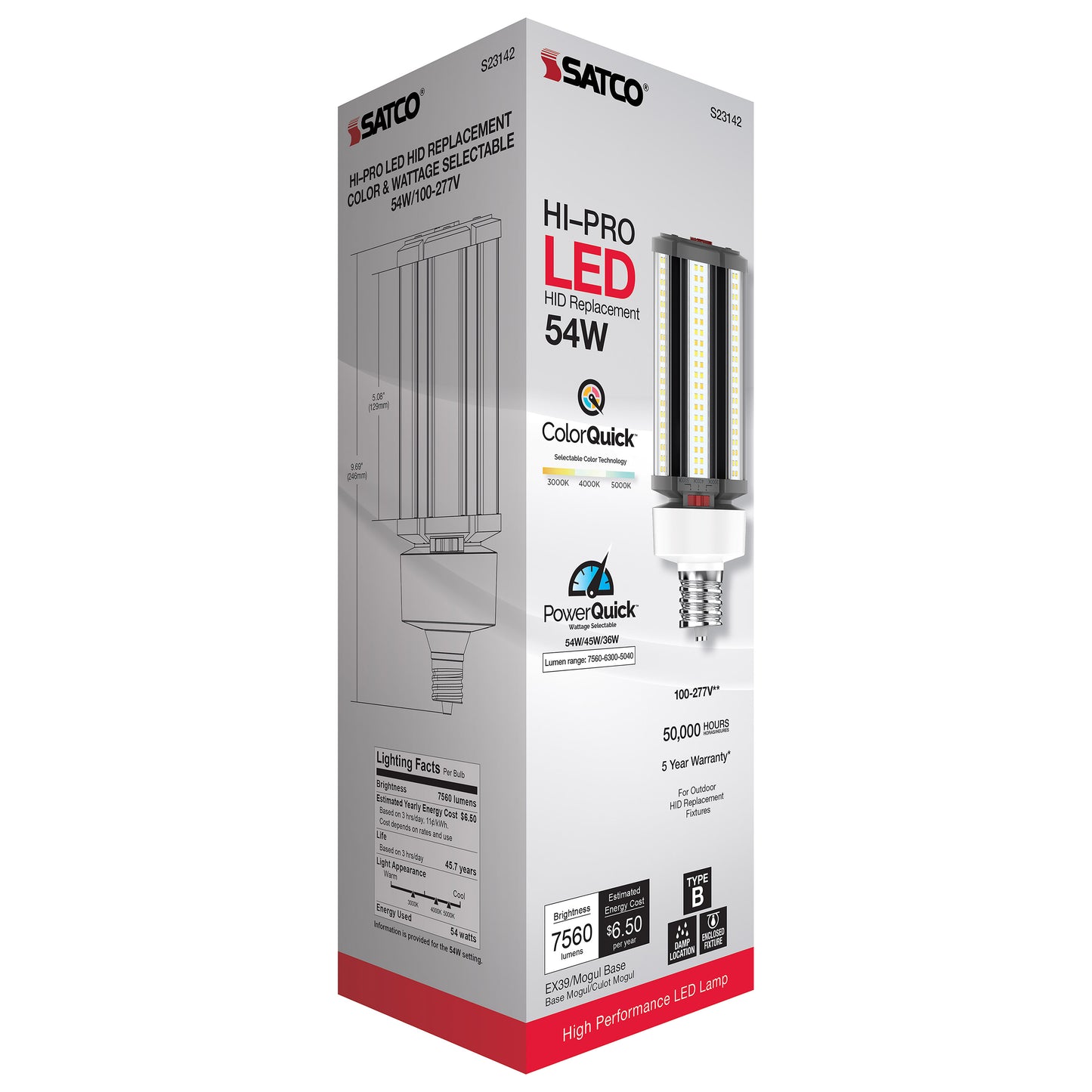 image of 54/45/36 Wattage Selectable - LED HID Replacement - CCT Selectable - Type B - Ballast Bypass - Extended Mogul base - 100-277 Volt - ColorQuick Technology - PowerQuick Technology