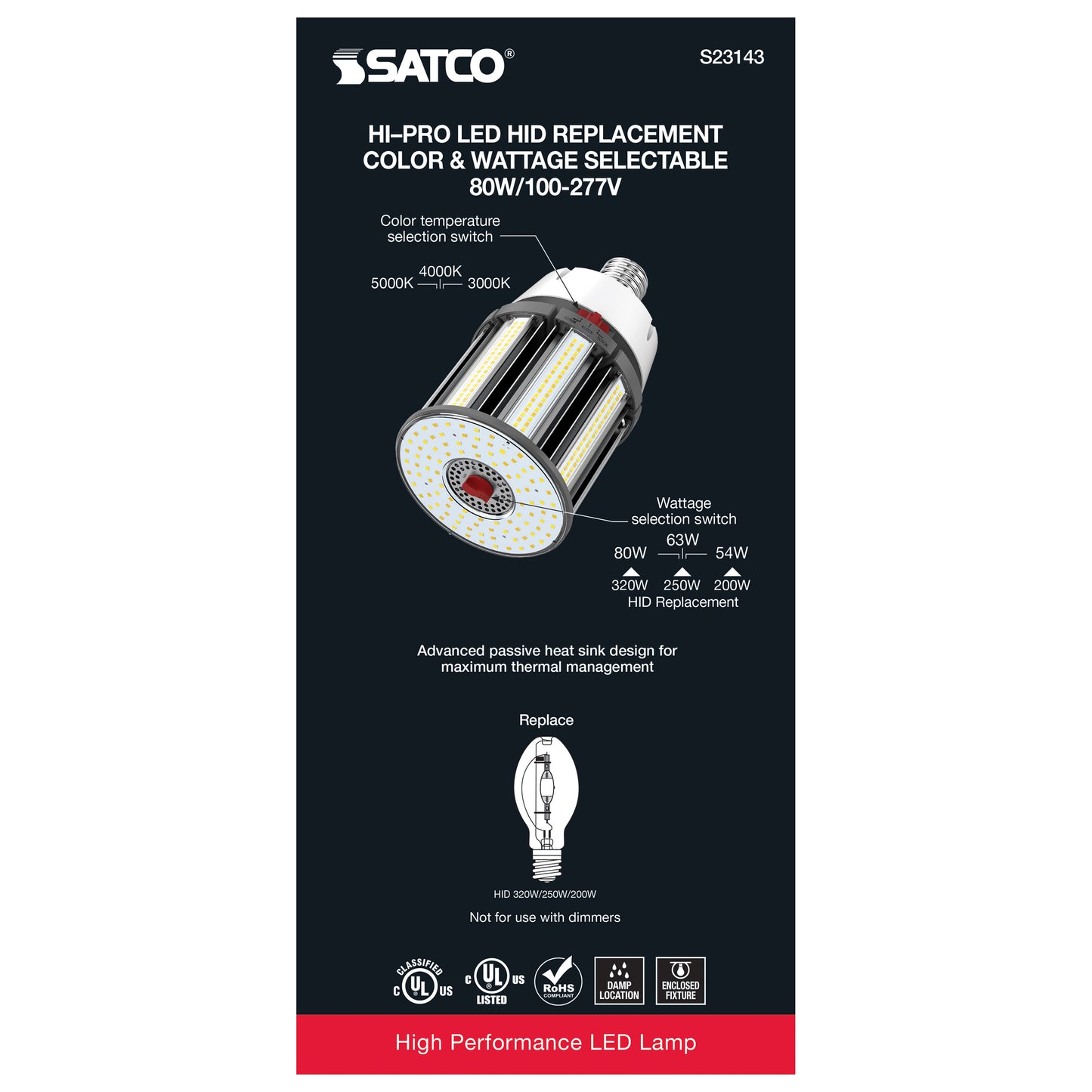 image of 80/63/54 Wattage Selectable - LED HID Replacement - CCT Selectable - Type B - Ballast Bypass - Extended Mogul base - 100-277 Volt - ColorQuick Technology - PowerQuick Technology