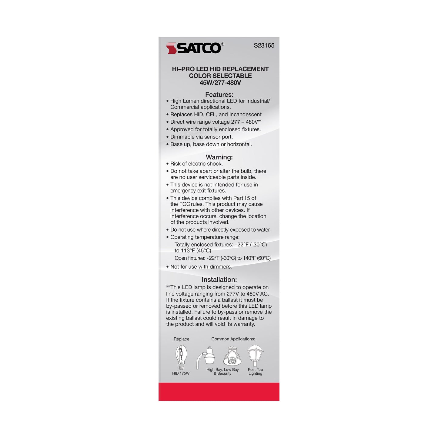 image of 45 Watt LED HID Replacement - CCT Selectable - Type B - Ballast Bypass - Mogul Extended Base - 277-480 Volt - ColorQuick Technology