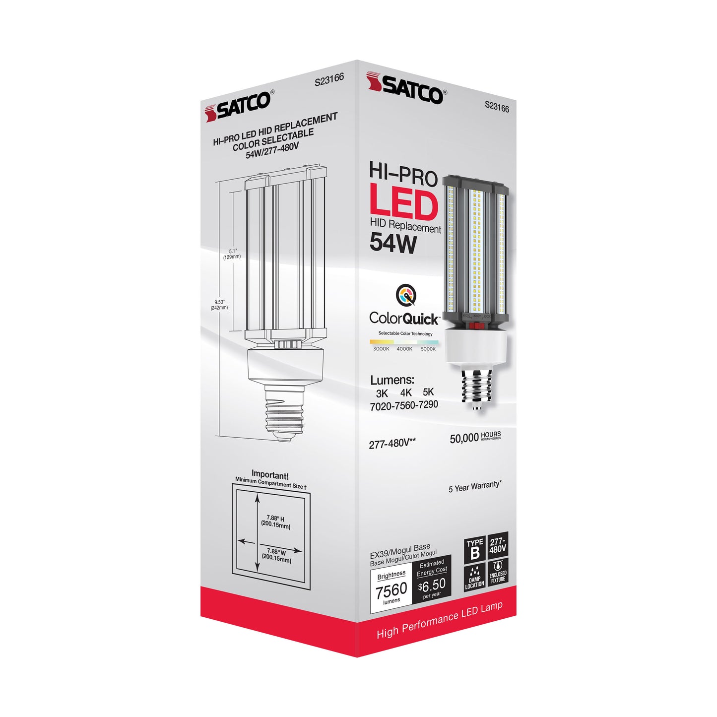 image of 54 Watt LED HID Replacement - CCT Selectable - Type B - Ballast Bypass - Mogul Extended Base - 277-480 Volt - ColorQuick Technology