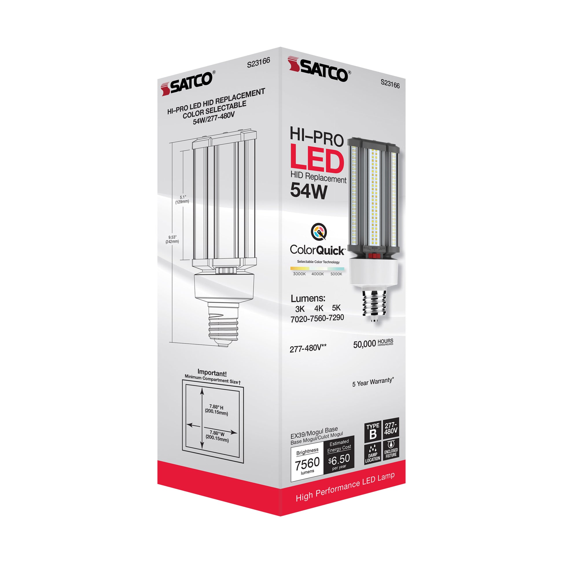 image of 54 Watt LED HID Replacement - CCT Selectable - Type B - Ballast Bypass - Mogul Extended Base - 277-480 Volt - ColorQuick Technology