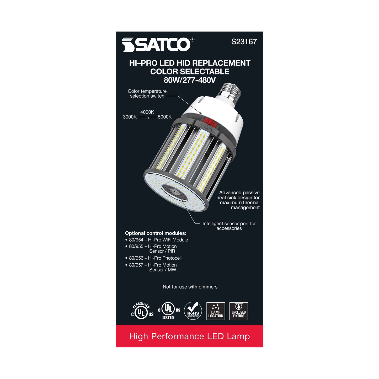 image of 80 Watt LED HID Replacement - CCT Selectable - Type B - Ballast Bypass - Mogul Extended Base - 277-480 Volt - ColorQuick Technology
