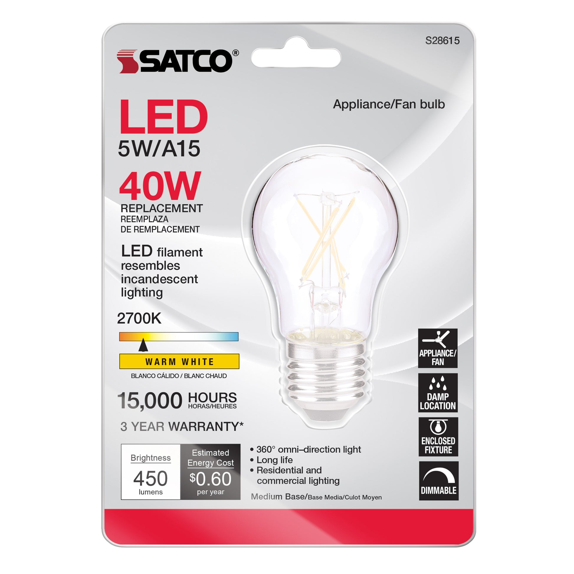 image of 5 Watt A15 LED - Clear - Medium base - 2700K - 120 Volt - Carded