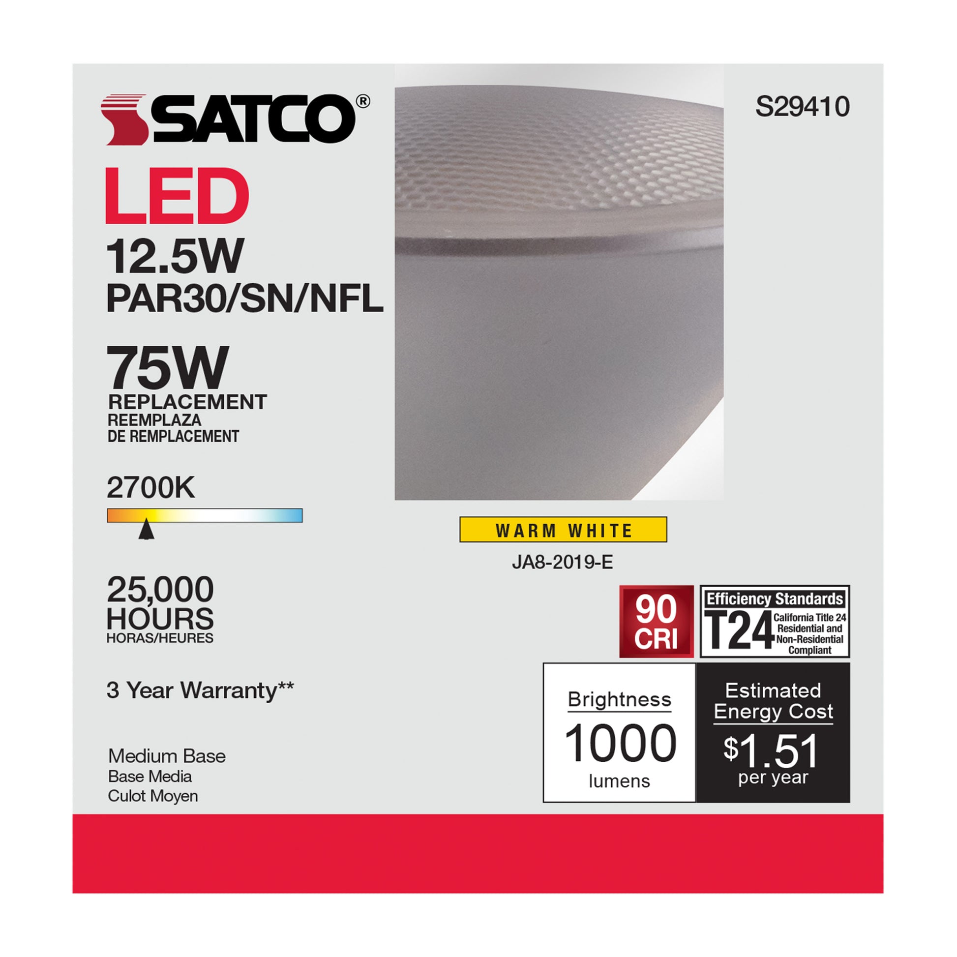 image of 12.5 Watt - PAR30SN LED - 2700K - 25 deg. Beam Angle - Medium base - 120 Volt