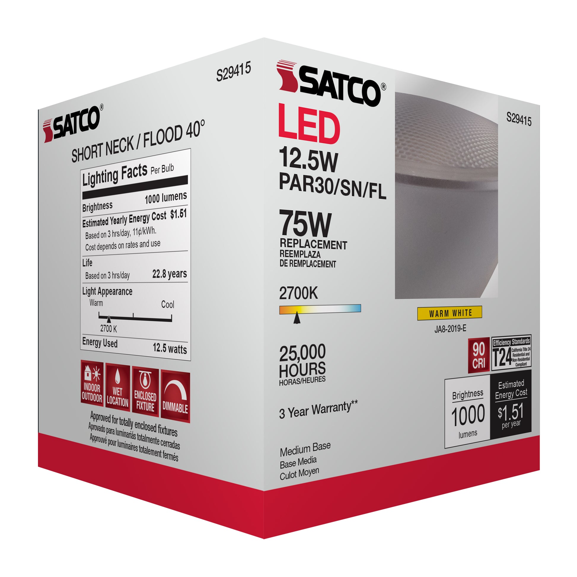 image of 12.5 Watt - PAR30SN LED - 2700K - 40 deg. Beam Angle - Medium base - 120 Volt