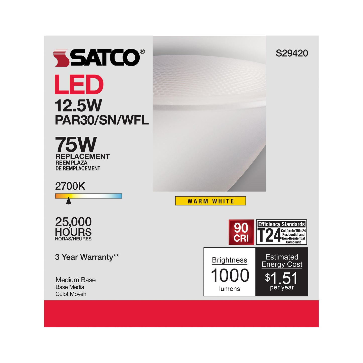 image of 12.5 Watt - PAR30SN LED - 2700K - 60 deg. Beam Angle - Medium base - 120 Volt