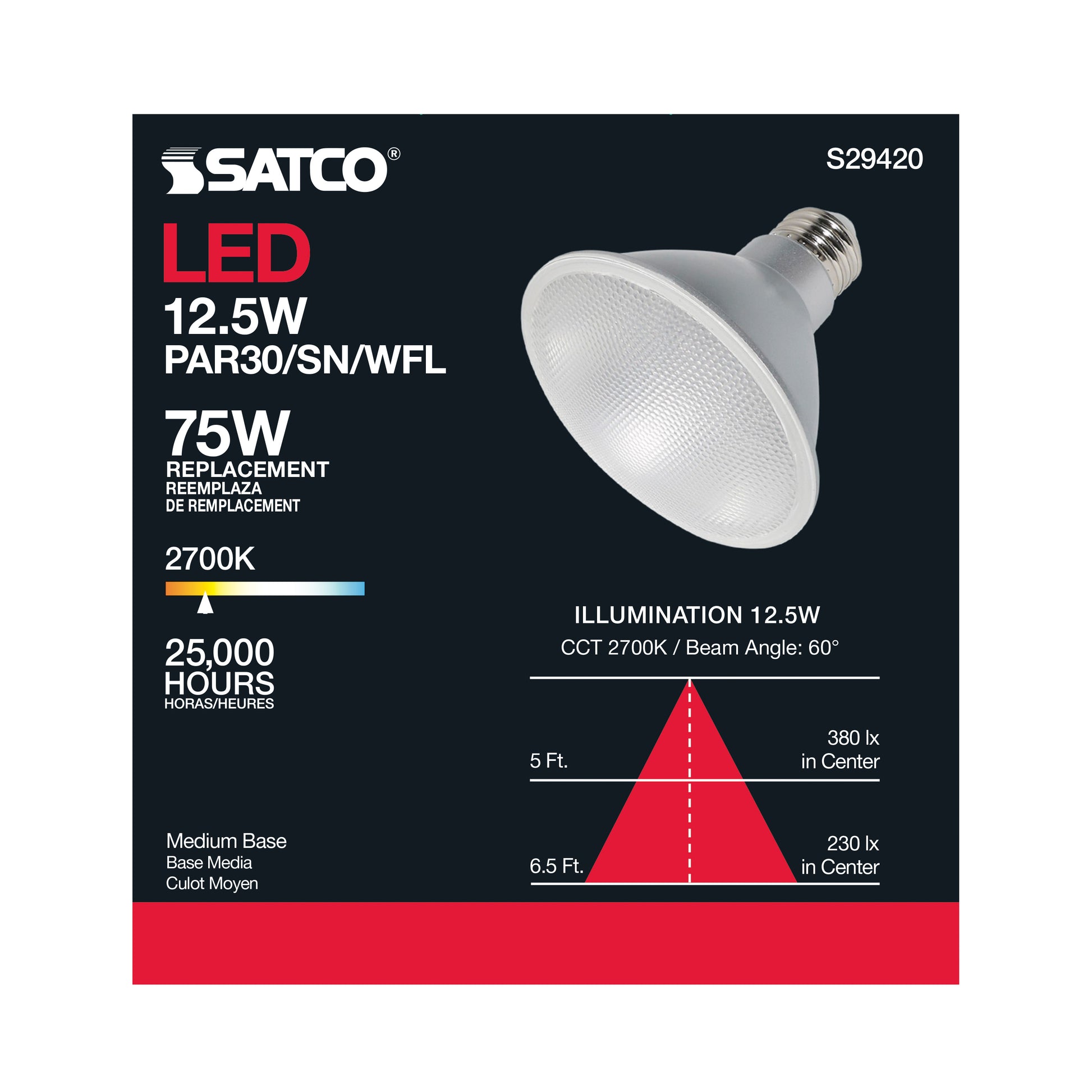 image of 12.5 Watt - PAR30SN LED - 2700K - 60 deg. Beam Angle - Medium base - 120 Volt