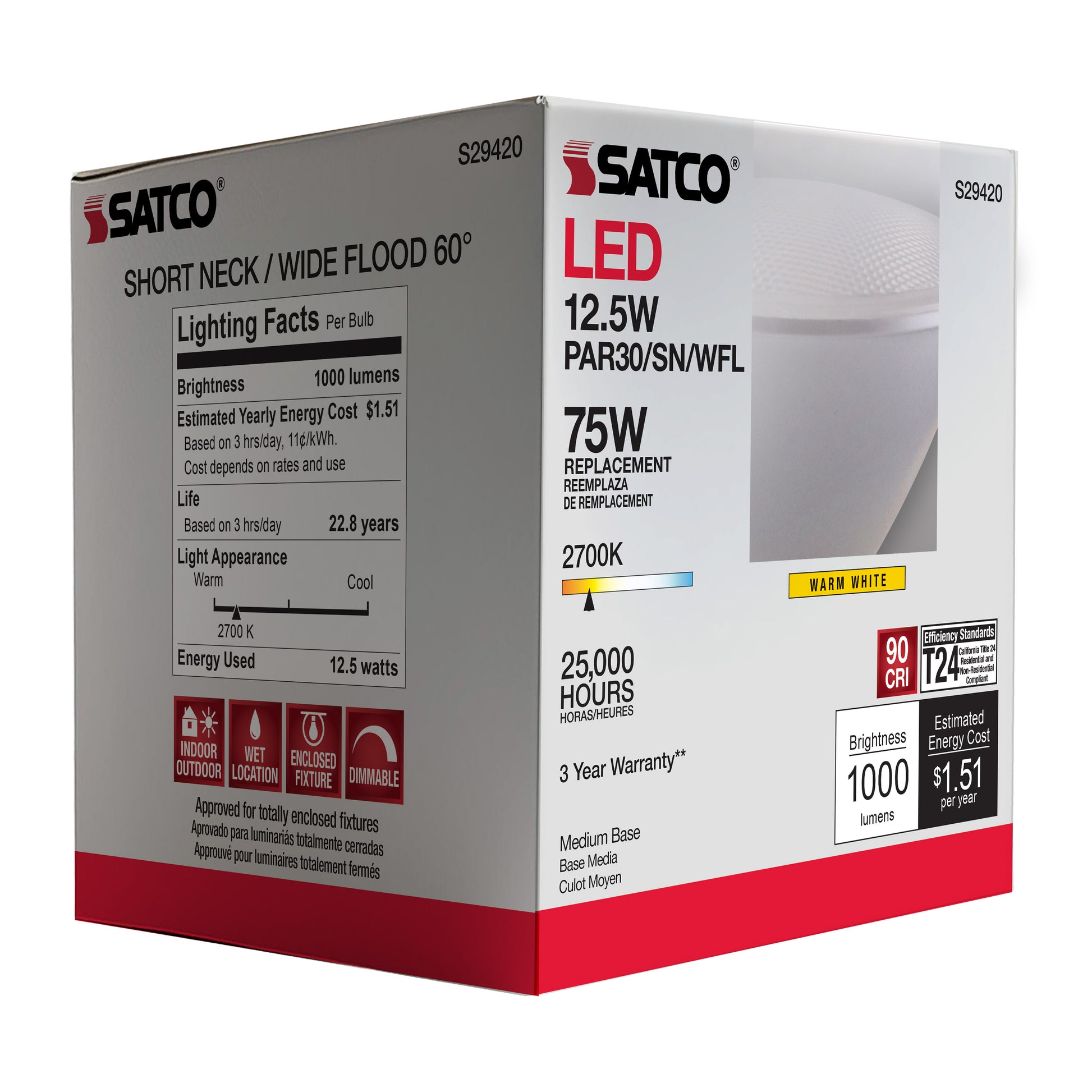 image of 12.5 Watt - PAR30SN LED - 2700K - 60 deg. Beam Angle - Medium base - 120 Volt