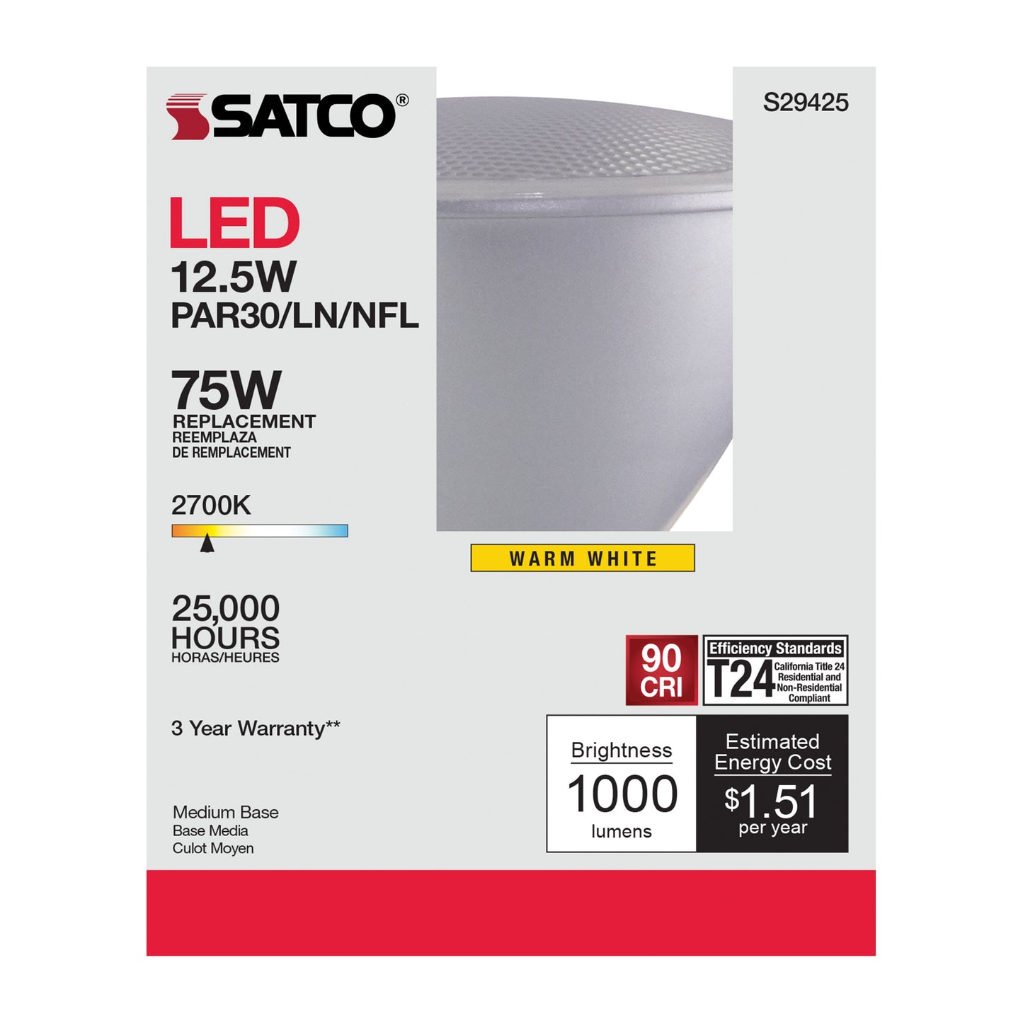 image of 12.5 Watt - PAR30LN LED - 2700K - 25 deg. Beam Angle - Medium base - 120 Volt