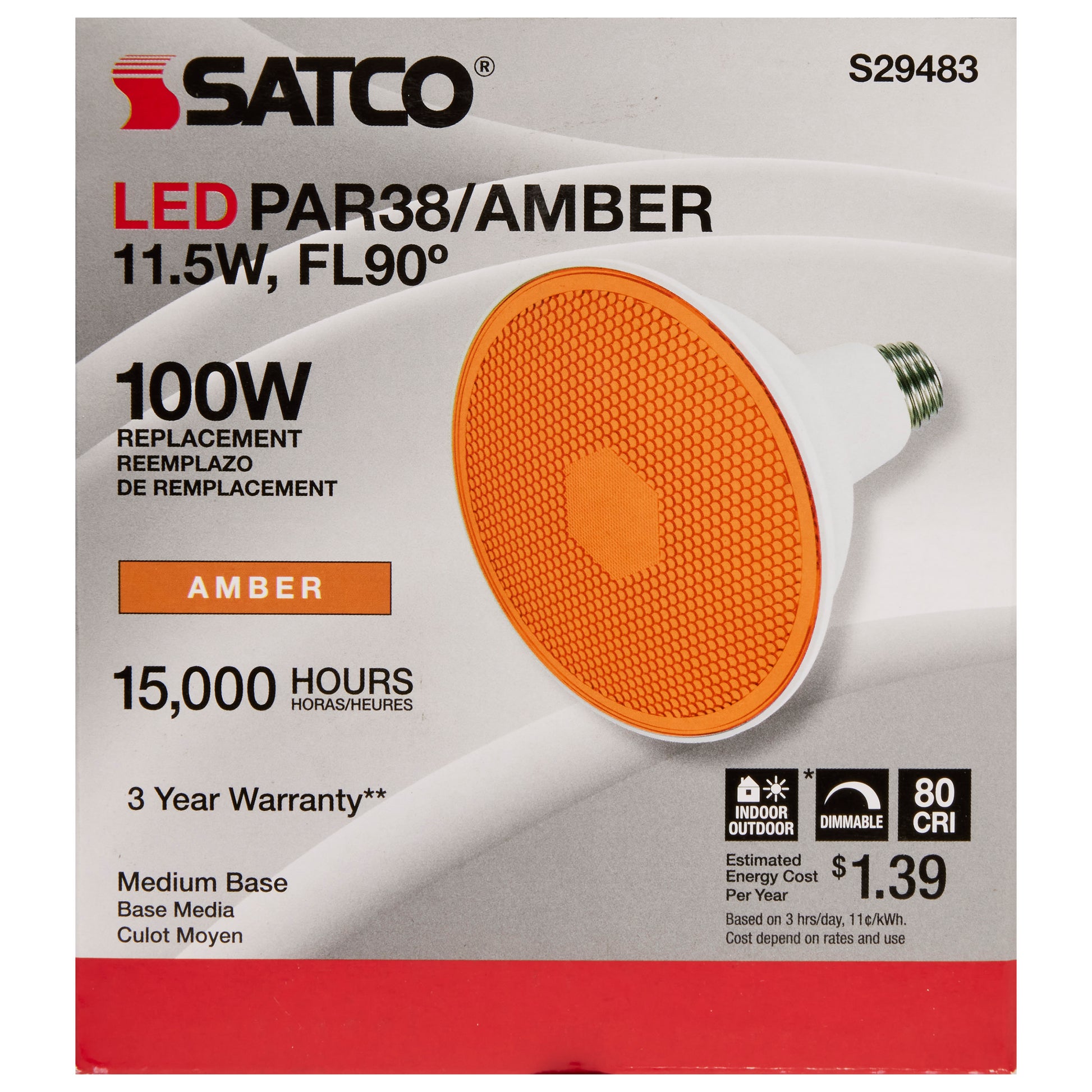image of 11.5 Watt PAR38 LED - Amber - 90 degree Beam Angle - Medium base - 120 Volt