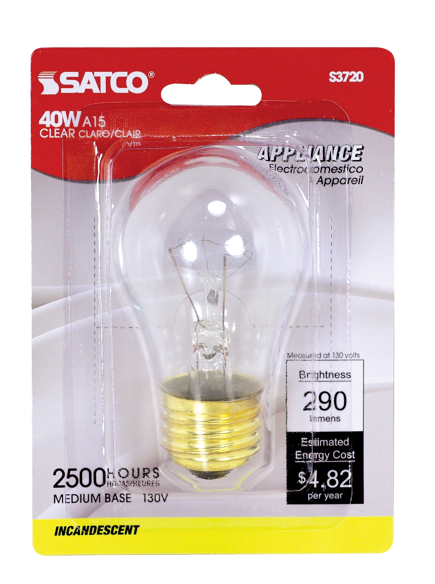 image of 40 Watt A15 Incandescent - Clear - Appliance Lamp - 2500 Average rated hours - 300/225 Lumens - Medium base - 130/120 Volt - Carded