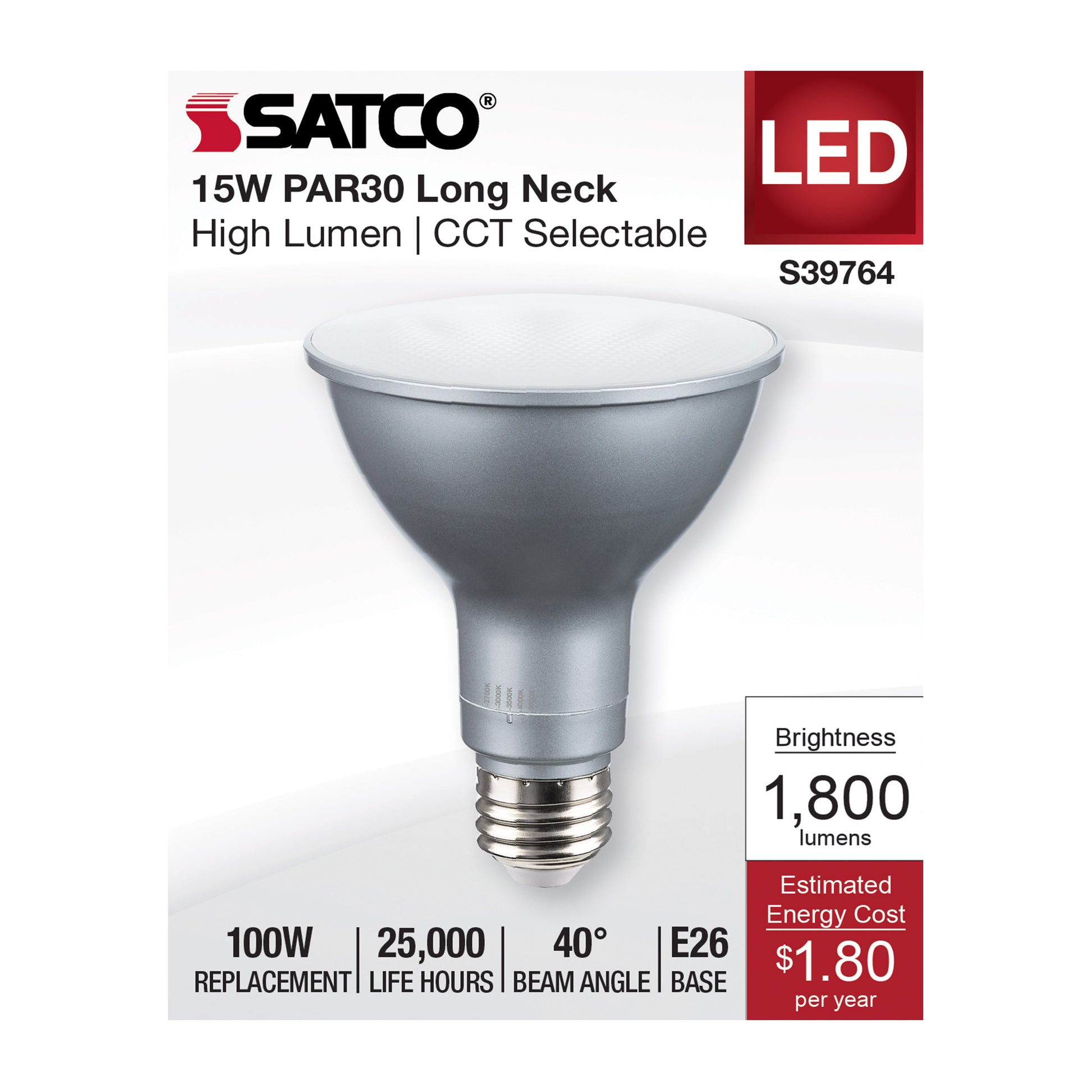image of 15 Watt PAR30LN High Lumen LED - Long Neck - 27K/30K/35K/40K/50K CCT Selectable - Medium Base - 120-277 Volt
