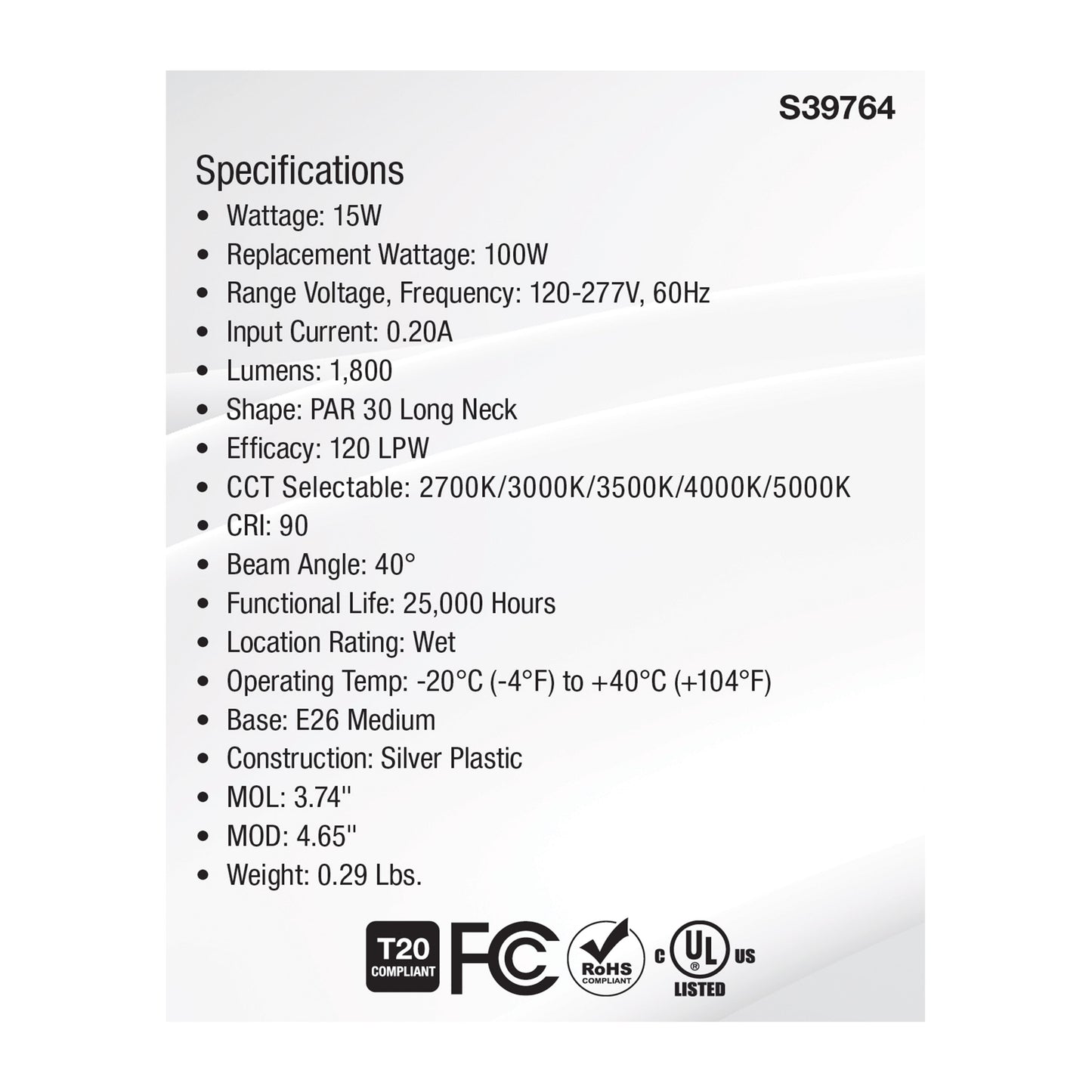 image of 15 Watt PAR30LN High Lumen LED - Long Neck - 27K/30K/35K/40K/50K CCT Selectable - Medium Base - 120-277 Volt