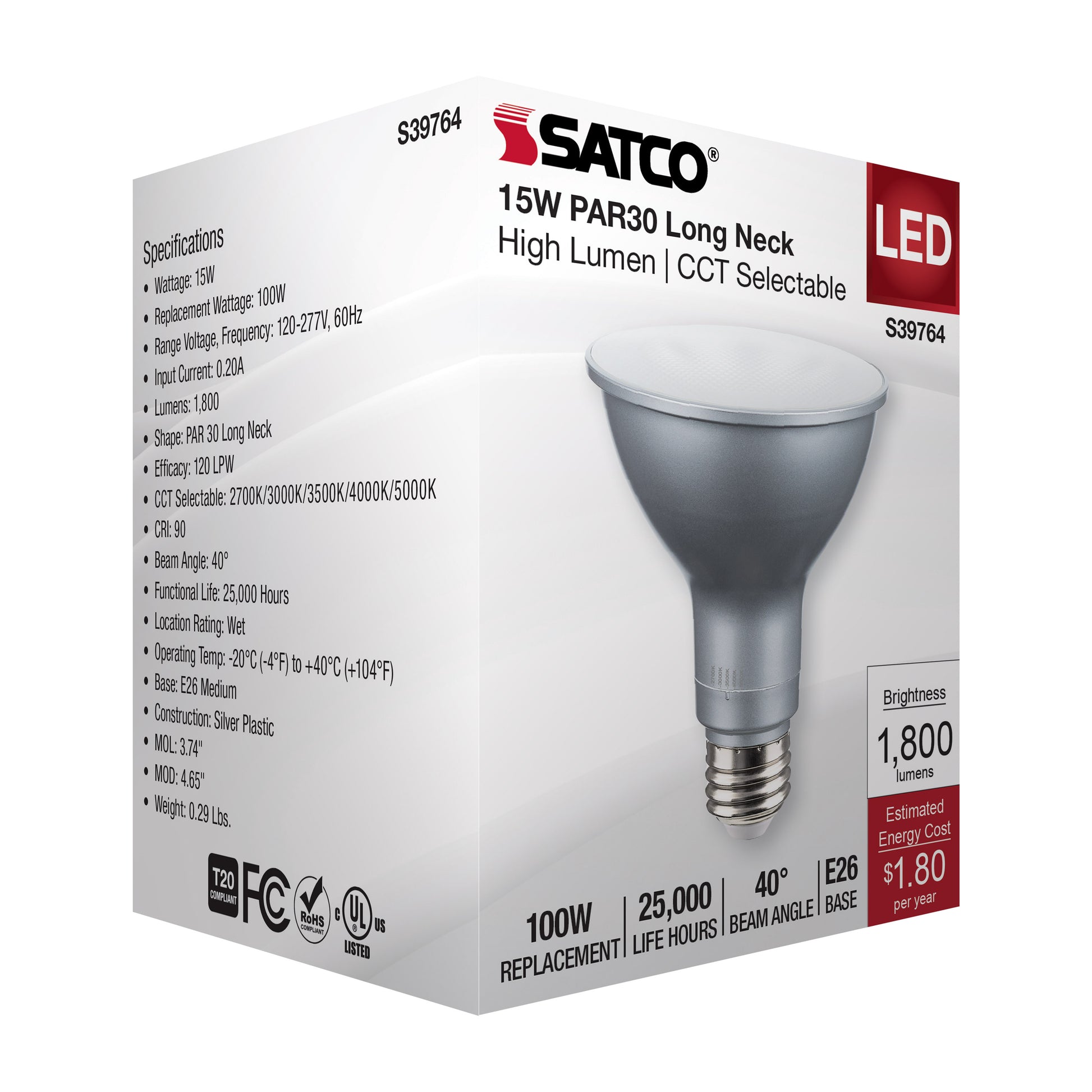 image of 15 Watt PAR30LN High Lumen LED - Long Neck - 27K/30K/35K/40K/50K CCT Selectable - Medium Base - 120-277 Volt
