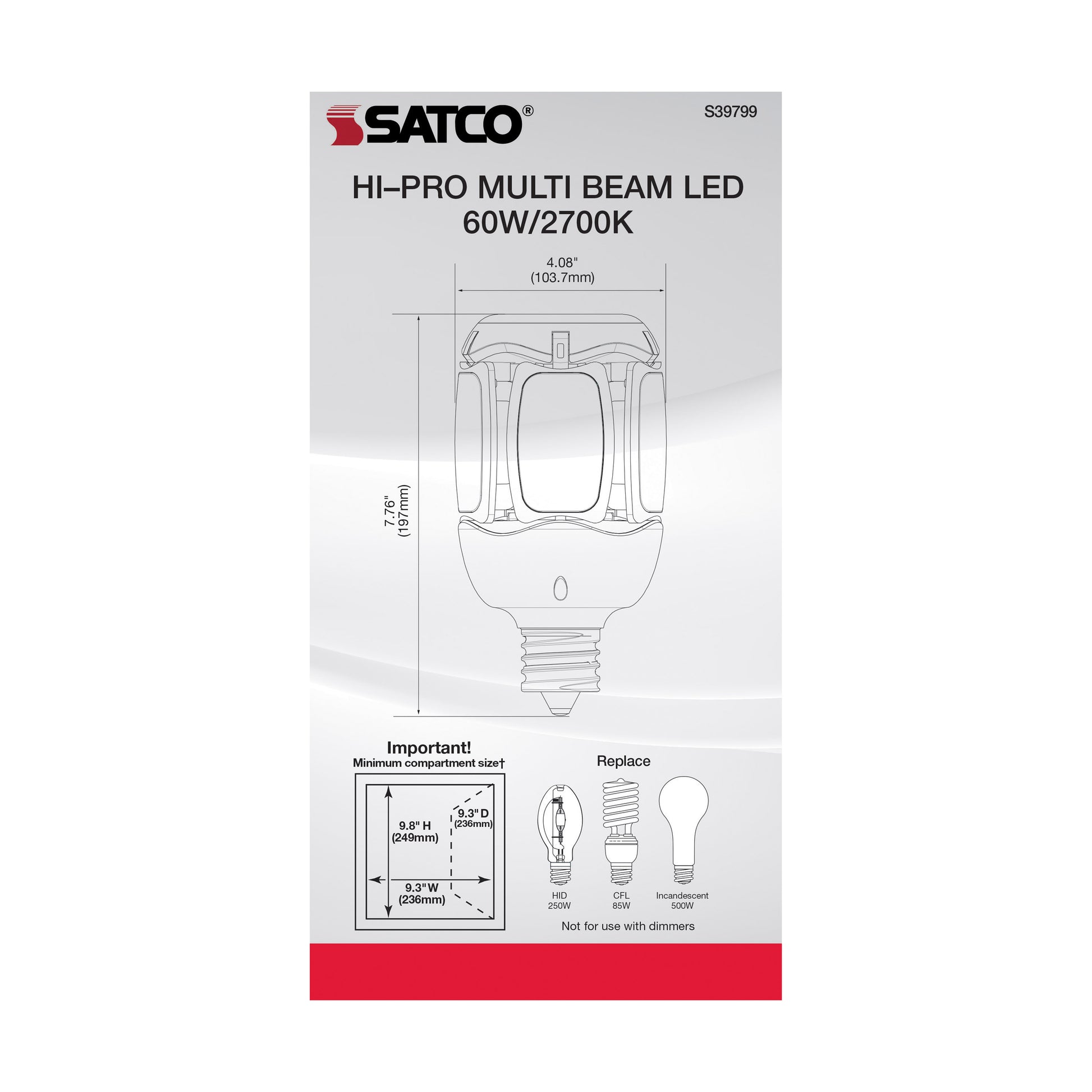 image of 60 Watt LED HID Replacement - 2700K - Mogul extended base - Adjustable Beam Angle - Type B Ballast Bypass -100-277 Volt