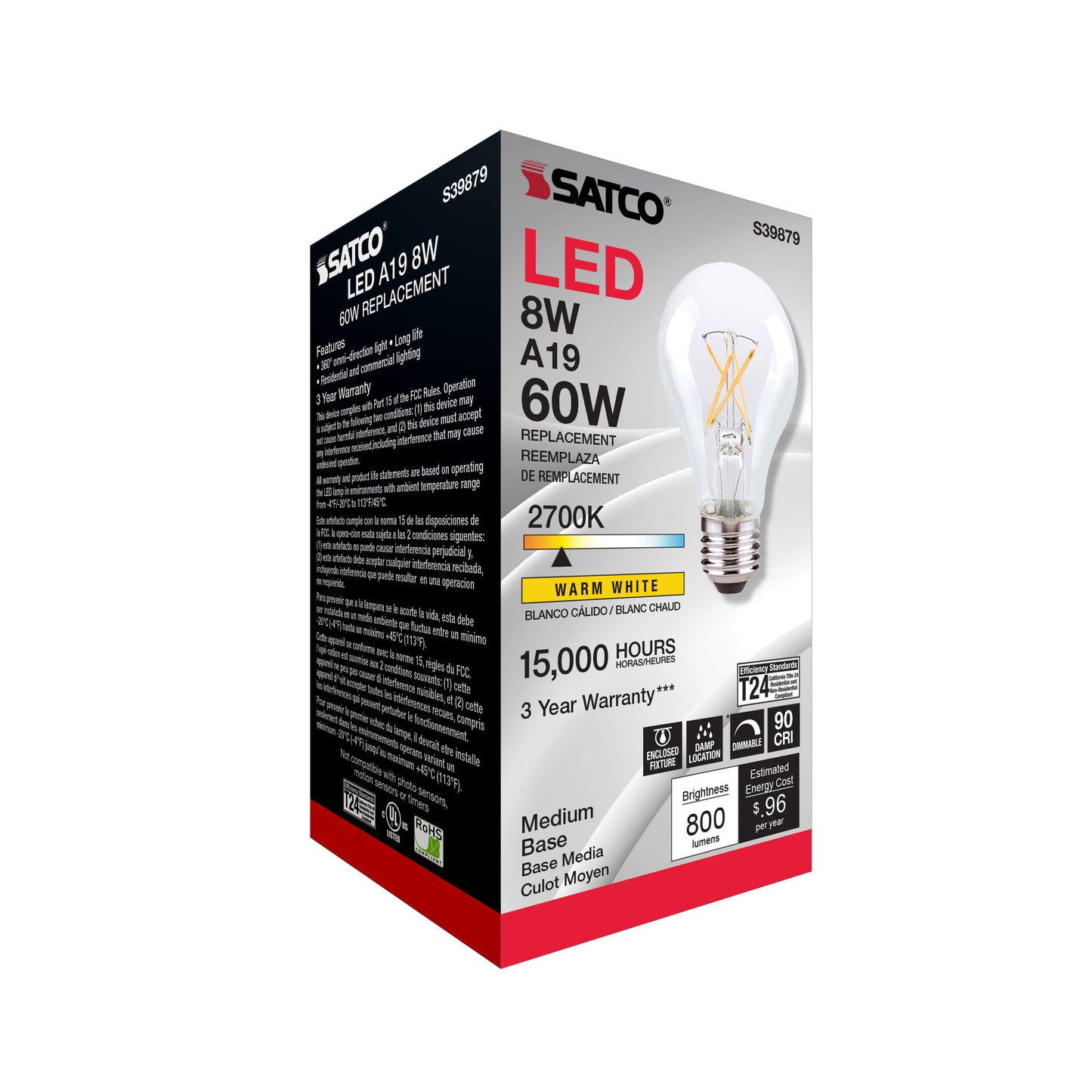 image of 8 Watt A19 LED - Clear Finish - Medium base - 2700K - 120 Volt