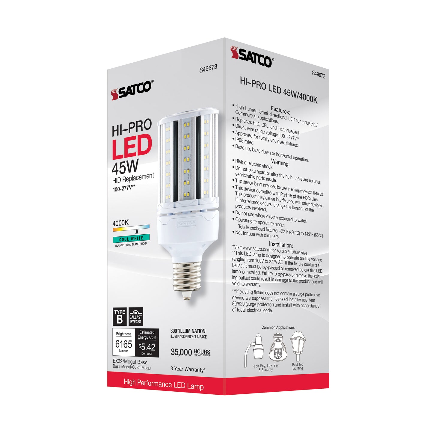 image of 45 Watt LED HID Replacement - 4000K - Extended Mogul base - Type B Ballast Bypass - Economy Hi-Pro