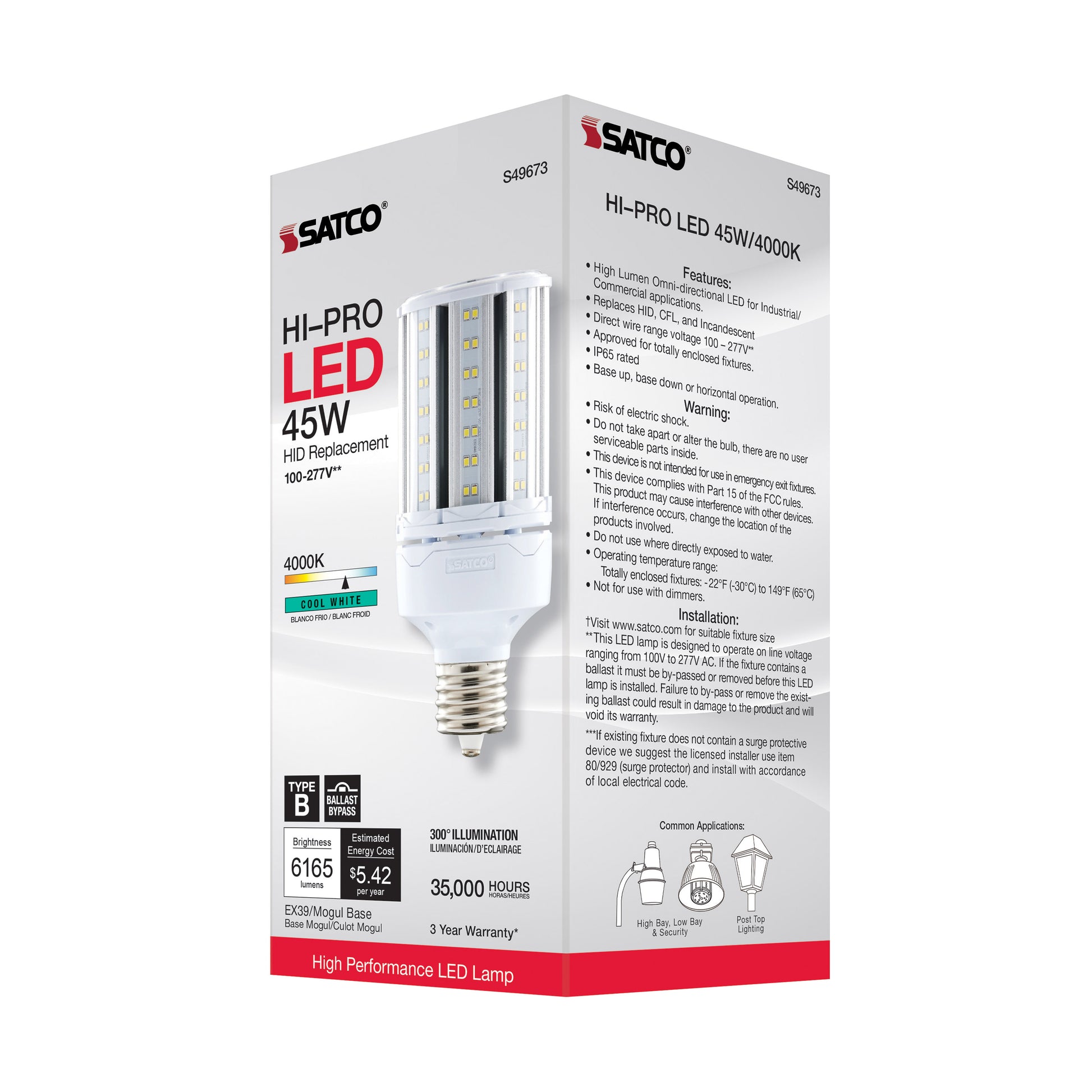 image of 45 Watt LED HID Replacement - 4000K - Extended Mogul base - Type B Ballast Bypass - Economy Hi-Pro