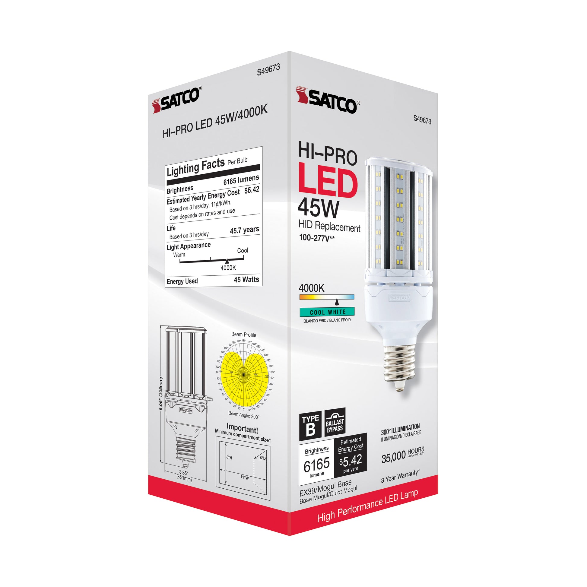 image of 45 Watt LED HID Replacement - 4000K - Extended Mogul base - Type B Ballast Bypass - Economy Hi-Pro