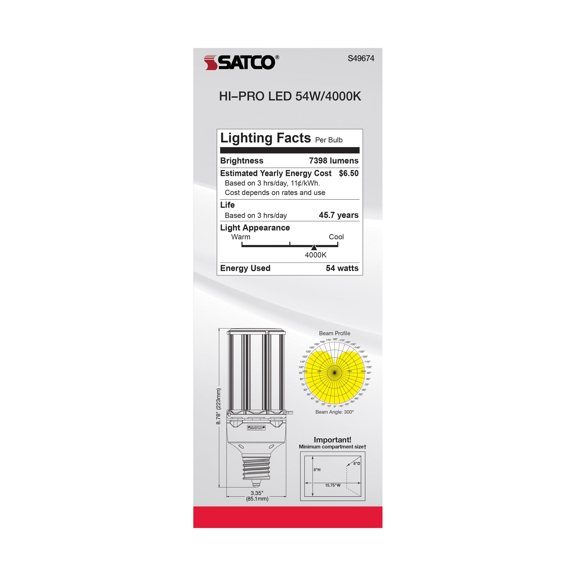 image of 54 Watt LED HID Replacement - 4000K - Extended Mogul base - Type B Ballast Bypass - Economy Hi-Pro