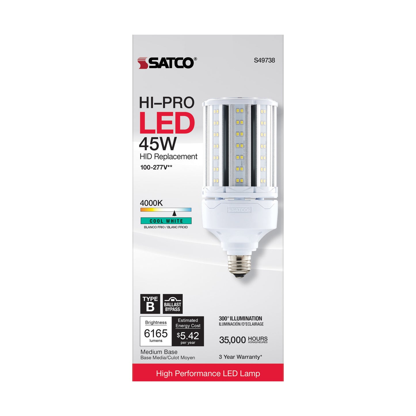 image of 45 Watt LED HID Replacement - 80 CRI - 4000K - Type B - Ballast Bypass - Medium base - Economy Hi-Pro