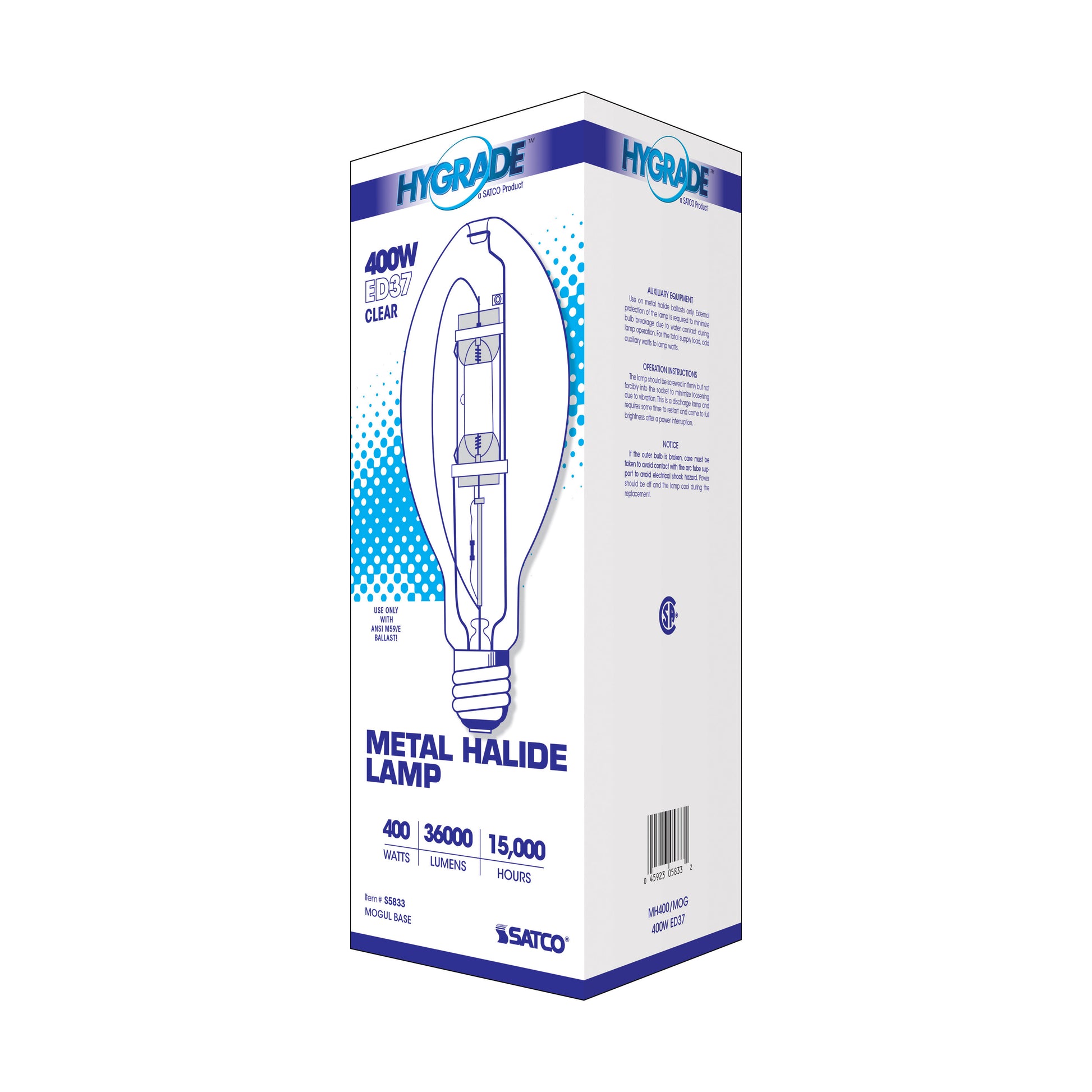 image of 400 Watt - Metal Halide HID - Mogul base - ED37 - Clear - 65 CRI - 4000K
