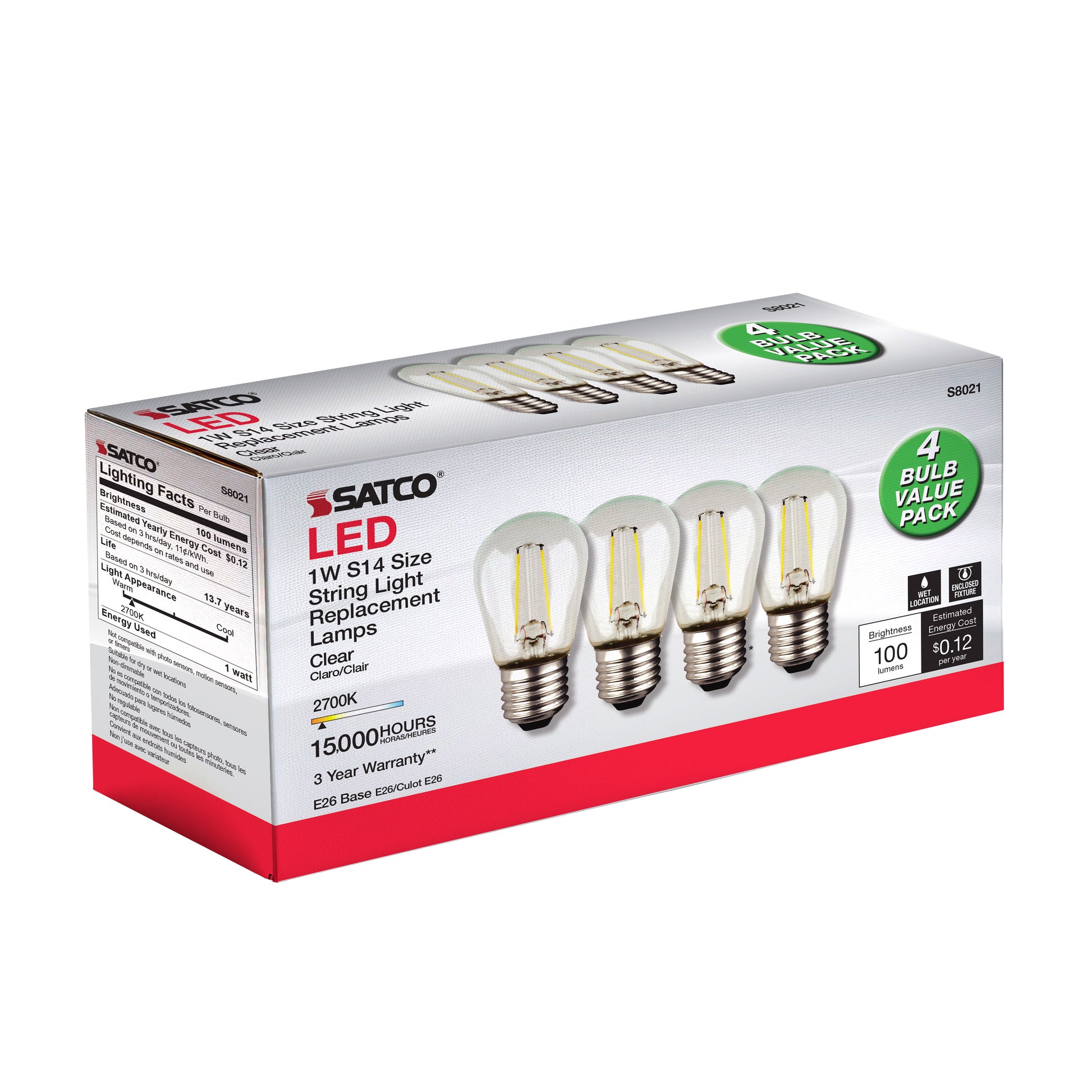 image of S14 LED String Light Replacement Bulb - 2700K - 120 Volt - Replacement 4-pack