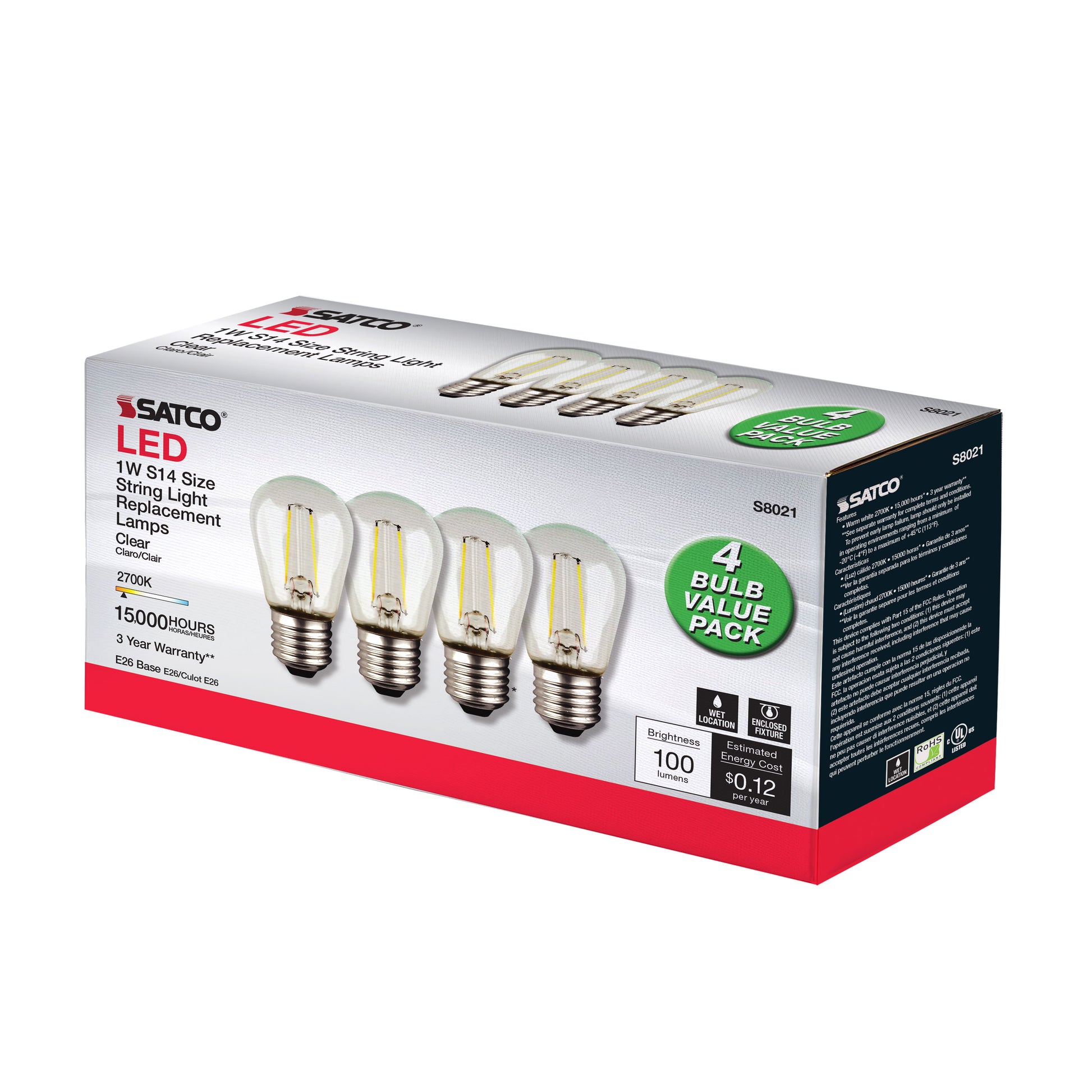 image of S14 LED String Light Replacement Bulb - 2700K - 120 Volt - Replacement 4-pack