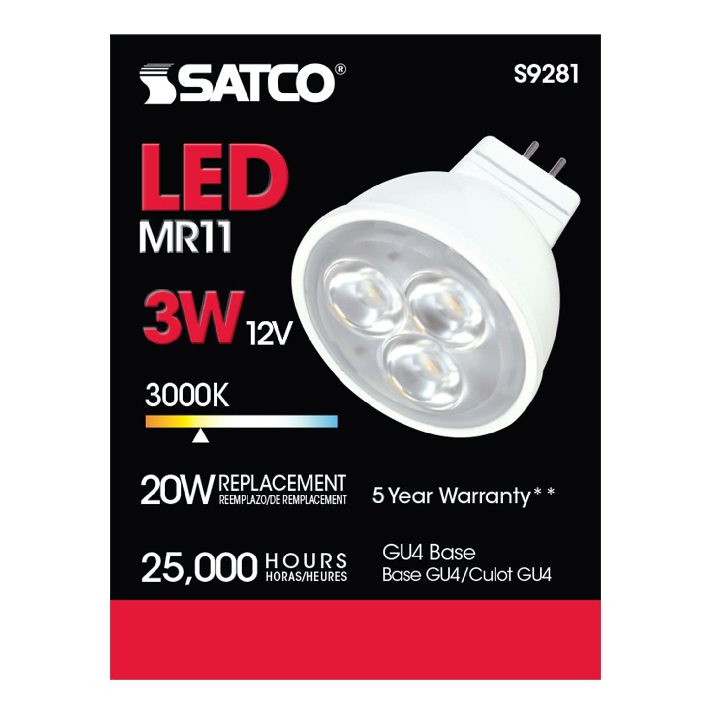 image of 3W - LED - MR11 - 3000K - 25 deg. beam spread - 25000 Average rated hours - 210 Lumens - GU4 base - 12 Volt AC/DC