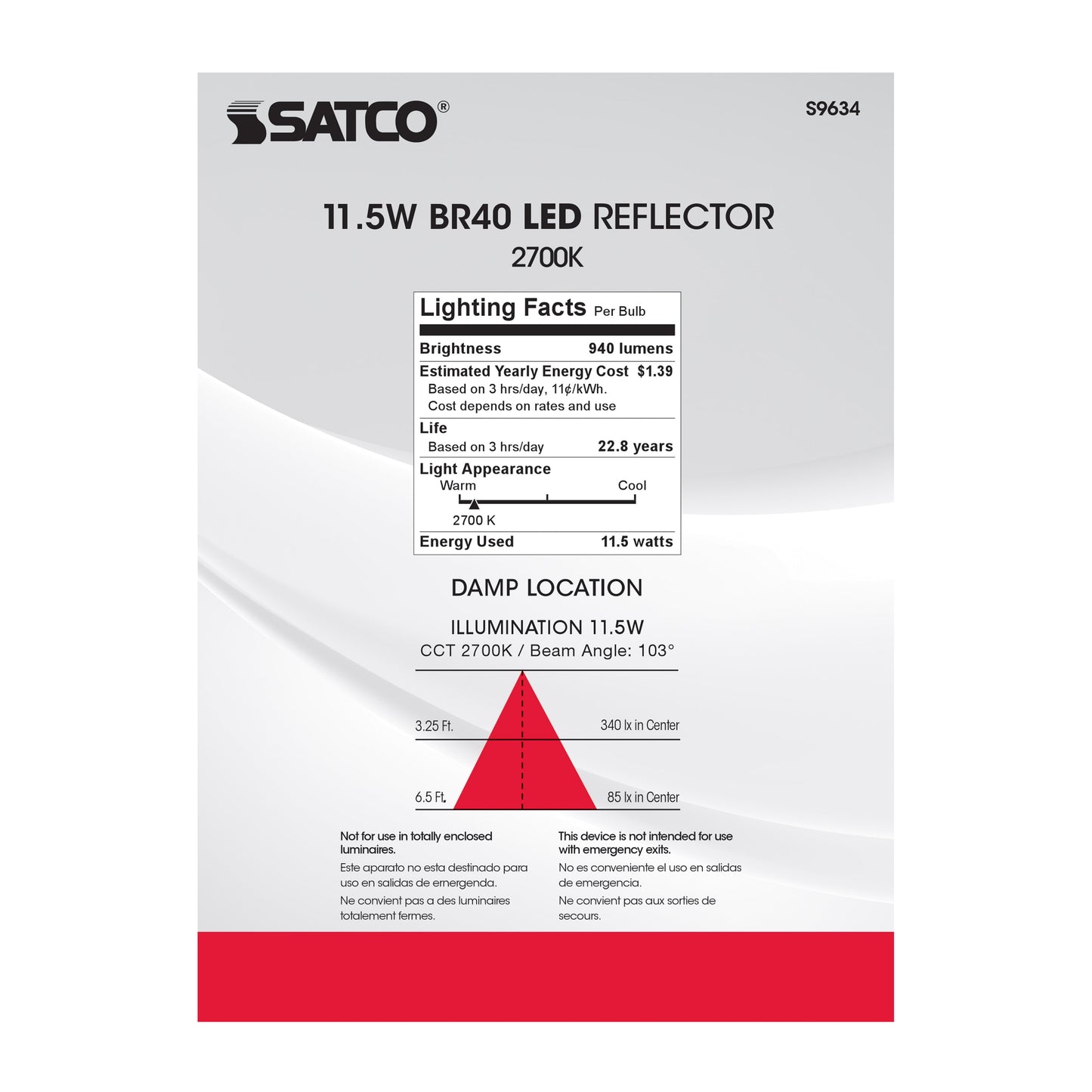 image of 11.5 Watt - LED BR40 - 2700K - 103 deg. Beam Angle - Medium base - 120 Volt - Dimmable