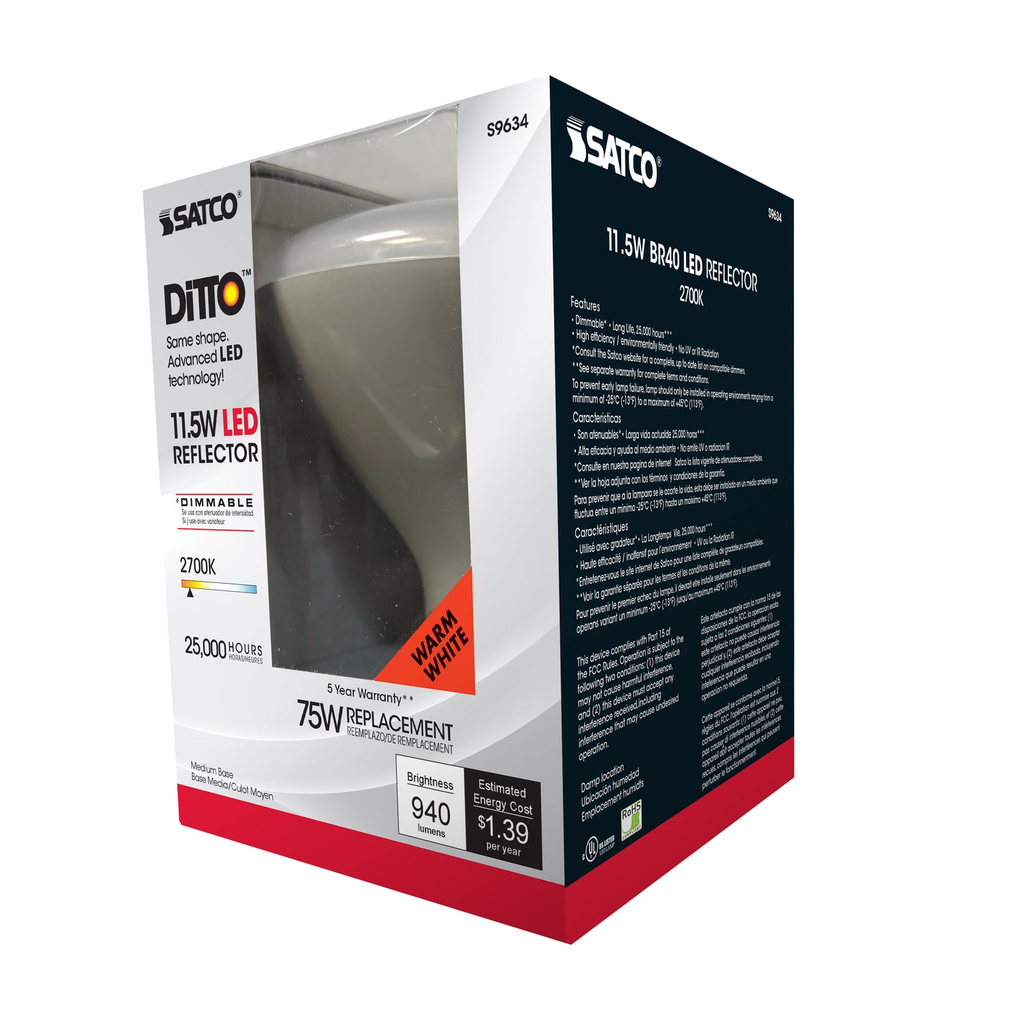 image of 11.5 Watt - LED BR40 - 2700K - 103 deg. Beam Angle - Medium base - 120 Volt - Dimmable