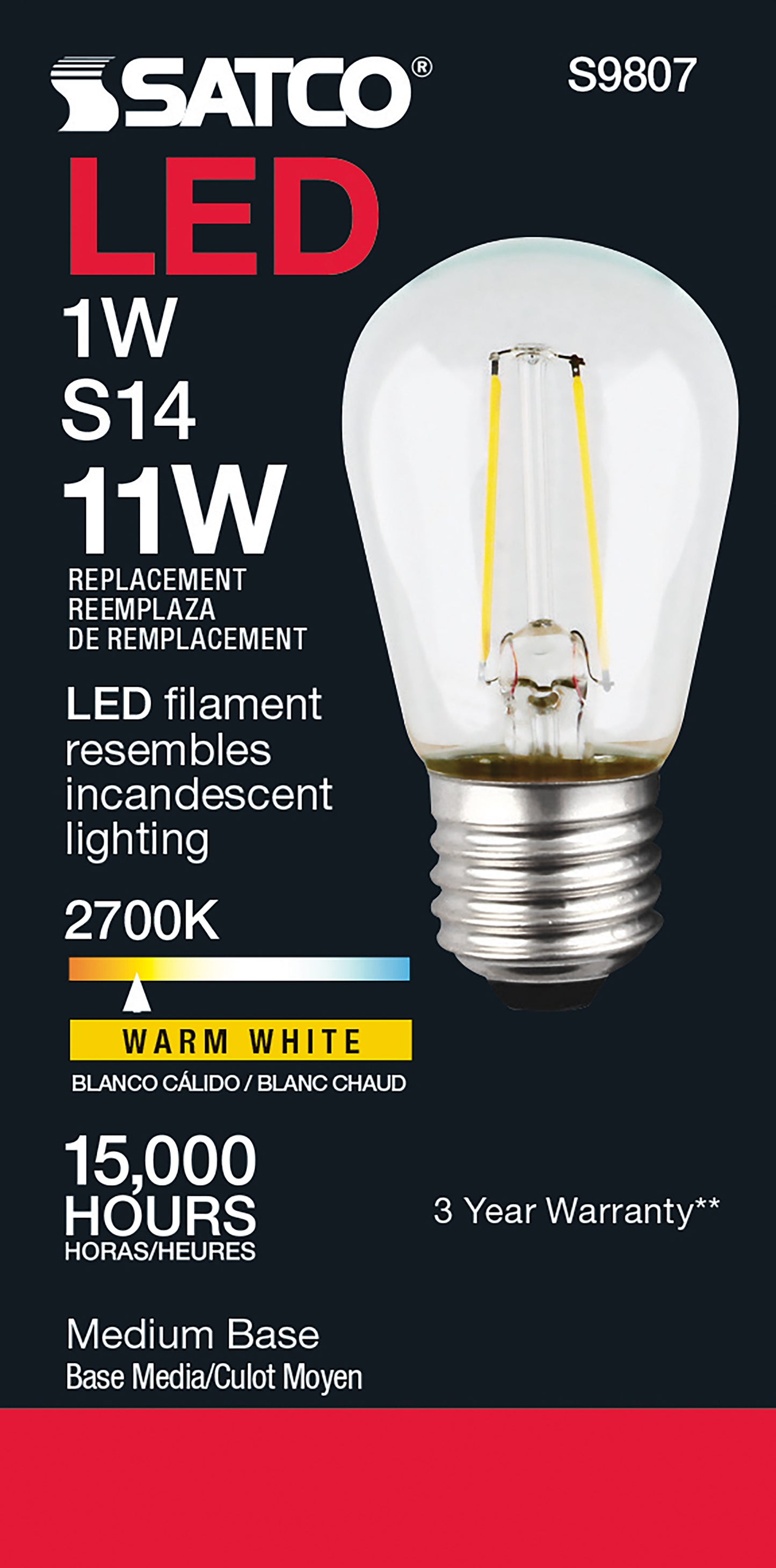 image of 1 Watt LED - S14 - Clear - Medium base - 2700K - 120 Volt