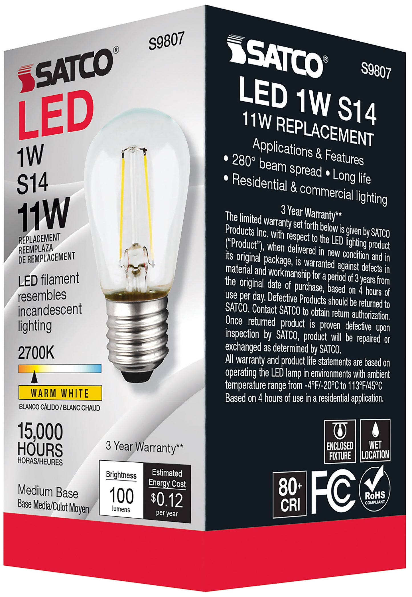 image of 1 Watt LED - S14 - Clear - Medium base - 2700K - 120 Volt