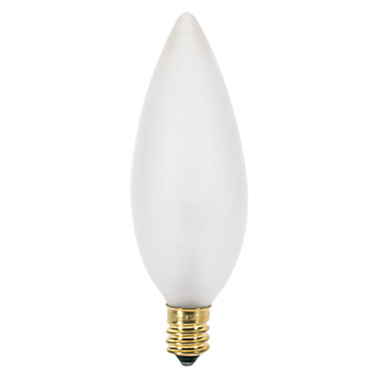 25 Watt BA9 1/2 Incandescent - Frost - 2500 Average rated hours - 193 Lumens - Candelabra base - 130 Volt