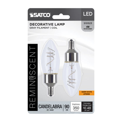 image of 4 Watt LED - Reminiscent - Flex Gray Coil Filament - B11 - Candelabra Base - 2700K CCT - Clear - 120 Volt - 2-Pack