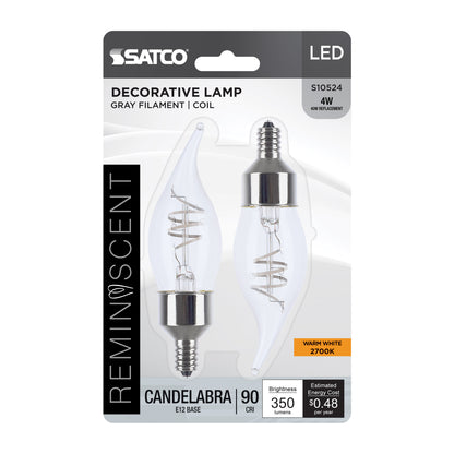 image of 4 Watt LED - Reminiscent - Flex Gray Coil Filament - CA11 - Candelabra Base - 2700K CCT - Clear - 120 Volt - 2-Pack