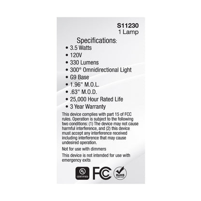 image of 3.5 Watt - JCD LED - Clear - 3000K - G9 Base - 120 Volt