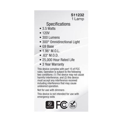 image of 3.5 Watt - JCD LED - Frost - 3000K - G9 Base - 120 Volt