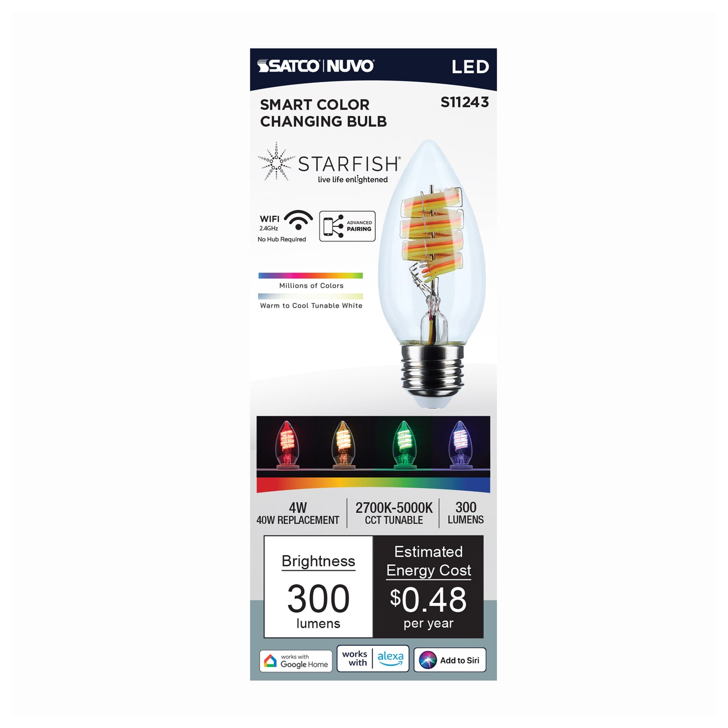 image of 4 Watt - B11 LED - 2700K-5000K RGB/Tunable White - Starfish IOT - Clear - Medium Base - 120 Volt