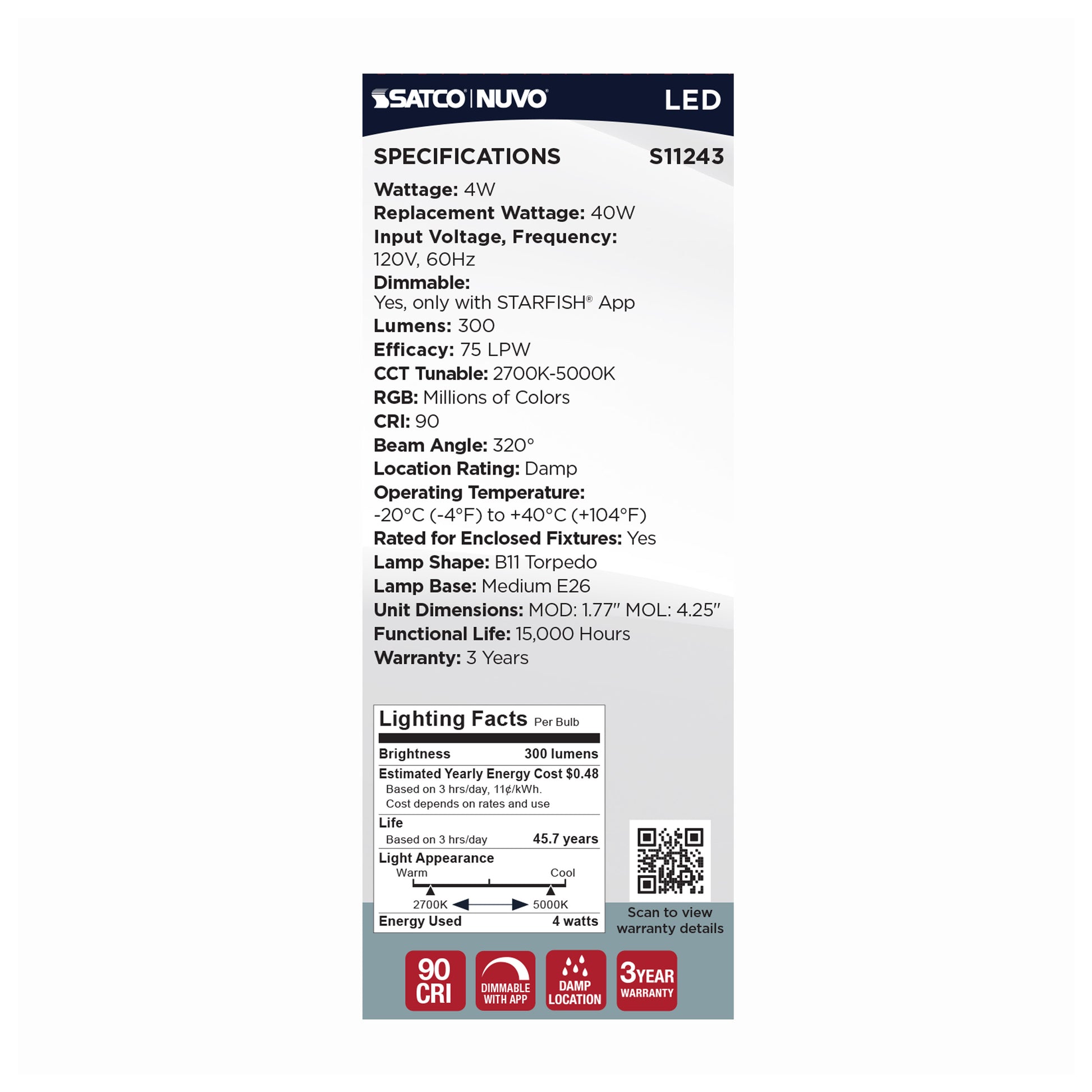 image of 4 Watt - B11 LED - 2700K-5000K RGB/Tunable White - Starfish IOT - Clear - Medium Base - 120 Volt